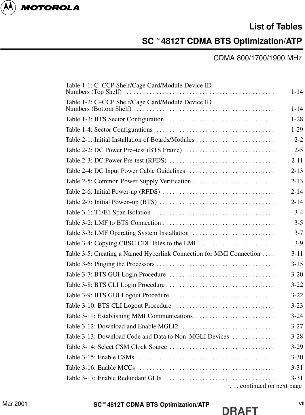 Mar 2001 viiSCt4812T CDMA BTS Optimization/ATP DRAFTList of TablesSCt4812T CDMA BTS Optimization/ATPCDMA 800/1700/1900 MHzTable 1-1: C–CCP Shelf/Cage Card/Module Device IDNumbers (Top Shelf) 1-14. . . . . . . . . . . . . . . . . . . . . . . . . . . . . . . . . . . . . . . . . . . . . Table 1-2: C–CCP Shelf/Cage Card/Module Device IDNumbers (Bottom Shelf) 1-14. . . . . . . . . . . . . . . . . . . . . . . . . . . . . . . . . . . . . . . . . . . Table 1-3: BTS Sector Configuration 1-28. . . . . . . . . . . . . . . . . . . . . . . . . . . . . . . . . Table 1-4: Sector Configurations 1-29. . . . . . . . . . . . . . . . . . . . . . . . . . . . . . . . . . . . Table 2-1: Initial Installation of Boards/Modules 2-2. . . . . . . . . . . . . . . . . . . . . . . . Table 2-2: DC Power Pre–test (BTS Frame) 2-5. . . . . . . . . . . . . . . . . . . . . . . . . . . Table 2-3: DC Power Pre-test (RFDS) 2-11. . . . . . . . . . . . . . . . . . . . . . . . . . . . . . . . Table 2-4: DC Input Power Cable Guidelines 2-13. . . . . . . . . . . . . . . . . . . . . . . . . . Table 2-5: Common Power Supply Verification 2-13. . . . . . . . . . . . . . . . . . . . . . . . . Table 2-6: Initial Power-up (RFDS) 2-14. . . . . . . . . . . . . . . . . . . . . . . . . . . . . . . . . . Table 2-7: Initial Power–up (BTS) 2-14. . . . . . . . . . . . . . . . . . . . . . . . . . . . . . . . . . . Table 3-1: T1/E1 Span Isolation 3-4. . . . . . . . . . . . . . . . . . . . . . . . . . . . . . . . . . . . . Table 3-2: LMF to BTS Connection 3-5. . . . . . . . . . . . . . . . . . . . . . . . . . . . . . . . . . Table 3-3: LMF Operating System Installation 3-7. . . . . . . . . . . . . . . . . . . . . . . . . Table 3-4: Copying CBSC CDF Files to the LMF 3-9. . . . . . . . . . . . . . . . . . . . . . . Table 3-5: Creating a Named Hyperlink Connection for MMI Connection 3-11. . . . Table 3-6: Pinging the Processors 3-15. . . . . . . . . . . . . . . . . . . . . . . . . . . . . . . . . . . . Table 3-7: BTS GUI Login Procedure 3-20. . . . . . . . . . . . . . . . . . . . . . . . . . . . . . . . Table 3-8: BTS CLI Login Procedure 3-22. . . . . . . . . . . . . . . . . . . . . . . . . . . . . . . . Table 3-9: BTS GUI Logout Procedure 3-22. . . . . . . . . . . . . . . . . . . . . . . . . . . . . . . Table 3-10: BTS CLI Logout Procedure 3-23. . . . . . . . . . . . . . . . . . . . . . . . . . . . . . Table 3-11: Establishing MMI Communications 3-24. . . . . . . . . . . . . . . . . . . . . . . . Table 3-12: Download and Enable MGLI2 3-27. . . . . . . . . . . . . . . . . . . . . . . . . . . . Table 3-13: Download Code and Data to Non–MGLI Devices 3-28. . . . . . . . . . . . . Table 3-14: Select CSM Clock Source 3-29. . . . . . . . . . . . . . . . . . . . . . . . . . . . . . . . Table 3-15: Enable CSMs 3-30. . . . . . . . . . . . . . . . . . . . . . . . . . . . . . . . . . . . . . . . . . Table 3-16: Enable MCCs 3-31. . . . . . . . . . . . . . . . . . . . . . . . . . . . . . . . . . . . . . . . . Table 3-17: Enable Redundant GLIs 3-31. . . . . . . . . . . . . . . . . . . . . . . . . . . . . . . . .  . . . continued on next page