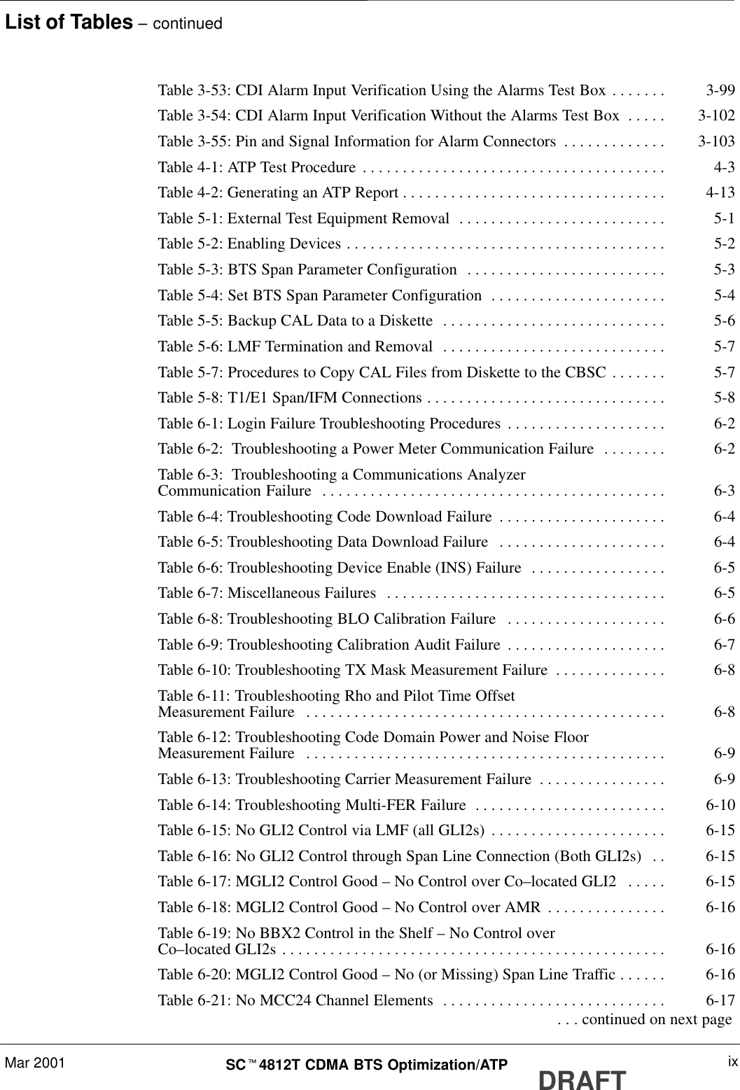 List of Tables – continuedMar 2001 ixSCt4812T CDMA BTS Optimization/ATP DRAFTTable 3-53: CDI Alarm Input Verification Using the Alarms Test Box 3-99. . . . . . . Table 3-54: CDI Alarm Input Verification Without the Alarms Test Box 3-102. . . . . Table 3-55: Pin and Signal Information for Alarm Connectors 3-103. . . . . . . . . . . . . Table 4-1: ATP Test Procedure 4-3. . . . . . . . . . . . . . . . . . . . . . . . . . . . . . . . . . . . . . Table 4-2: Generating an ATP Report 4-13. . . . . . . . . . . . . . . . . . . . . . . . . . . . . . . . . Table 5-1: External Test Equipment Removal 5-1. . . . . . . . . . . . . . . . . . . . . . . . . . Table 5-2: Enabling Devices 5-2. . . . . . . . . . . . . . . . . . . . . . . . . . . . . . . . . . . . . . . . Table 5-3: BTS Span Parameter Configuration 5-3. . . . . . . . . . . . . . . . . . . . . . . . . Table 5-4: Set BTS Span Parameter Configuration 5-4. . . . . . . . . . . . . . . . . . . . . . Table 5-5: Backup CAL Data to a Diskette 5-6. . . . . . . . . . . . . . . . . . . . . . . . . . . . Table 5-6: LMF Termination and Removal 5-7. . . . . . . . . . . . . . . . . . . . . . . . . . . . Table 5-7: Procedures to Copy CAL Files from Diskette to the CBSC 5-7. . . . . . . Table 5-8: T1/E1 Span/IFM Connections 5-8. . . . . . . . . . . . . . . . . . . . . . . . . . . . . . Table 6-1: Login Failure Troubleshooting Procedures 6-2. . . . . . . . . . . . . . . . . . . . Table 6-2:  Troubleshooting a Power Meter Communication Failure 6-2. . . . . . . . Table 6-3:  Troubleshooting a Communications AnalyzerCommunication Failure 6-3. . . . . . . . . . . . . . . . . . . . . . . . . . . . . . . . . . . . . . . . . . . Table 6-4: Troubleshooting Code Download Failure 6-4. . . . . . . . . . . . . . . . . . . . . Table 6-5: Troubleshooting Data Download Failure 6-4. . . . . . . . . . . . . . . . . . . . . Table 6-6: Troubleshooting Device Enable (INS) Failure 6-5. . . . . . . . . . . . . . . . . Table 6-7: Miscellaneous Failures 6-5. . . . . . . . . . . . . . . . . . . . . . . . . . . . . . . . . . . Table 6-8: Troubleshooting BLO Calibration Failure 6-6. . . . . . . . . . . . . . . . . . . . Table 6-9: Troubleshooting Calibration Audit Failure 6-7. . . . . . . . . . . . . . . . . . . . Table 6-10: Troubleshooting TX Mask Measurement Failure 6-8. . . . . . . . . . . . . . Table 6-11: Troubleshooting Rho and Pilot Time OffsetMeasurement Failure 6-8. . . . . . . . . . . . . . . . . . . . . . . . . . . . . . . . . . . . . . . . . . . . . Table 6-12: Troubleshooting Code Domain Power and Noise FloorMeasurement Failure 6-9. . . . . . . . . . . . . . . . . . . . . . . . . . . . . . . . . . . . . . . . . . . . . Table 6-13: Troubleshooting Carrier Measurement Failure 6-9. . . . . . . . . . . . . . . . Table 6-14: Troubleshooting Multi-FER Failure 6-10. . . . . . . . . . . . . . . . . . . . . . . . Table 6-15: No GLI2 Control via LMF (all GLI2s) 6-15. . . . . . . . . . . . . . . . . . . . . . Table 6-16: No GLI2 Control through Span Line Connection (Both GLI2s) 6-15. . Table 6-17: MGLI2 Control Good – No Control over Co–located GLI2 6-15. . . . . Table 6-18: MGLI2 Control Good – No Control over AMR 6-16. . . . . . . . . . . . . . . Table 6-19: No BBX2 Control in the Shelf – No Control overCo–located GLI2s 6-16. . . . . . . . . . . . . . . . . . . . . . . . . . . . . . . . . . . . . . . . . . . . . . . . Table 6-20: MGLI2 Control Good – No (or Missing) Span Line Traffic 6-16. . . . . . Table 6-21: No MCC24 Channel Elements 6-17. . . . . . . . . . . . . . . . . . . . . . . . . . . .  . . . continued on next page