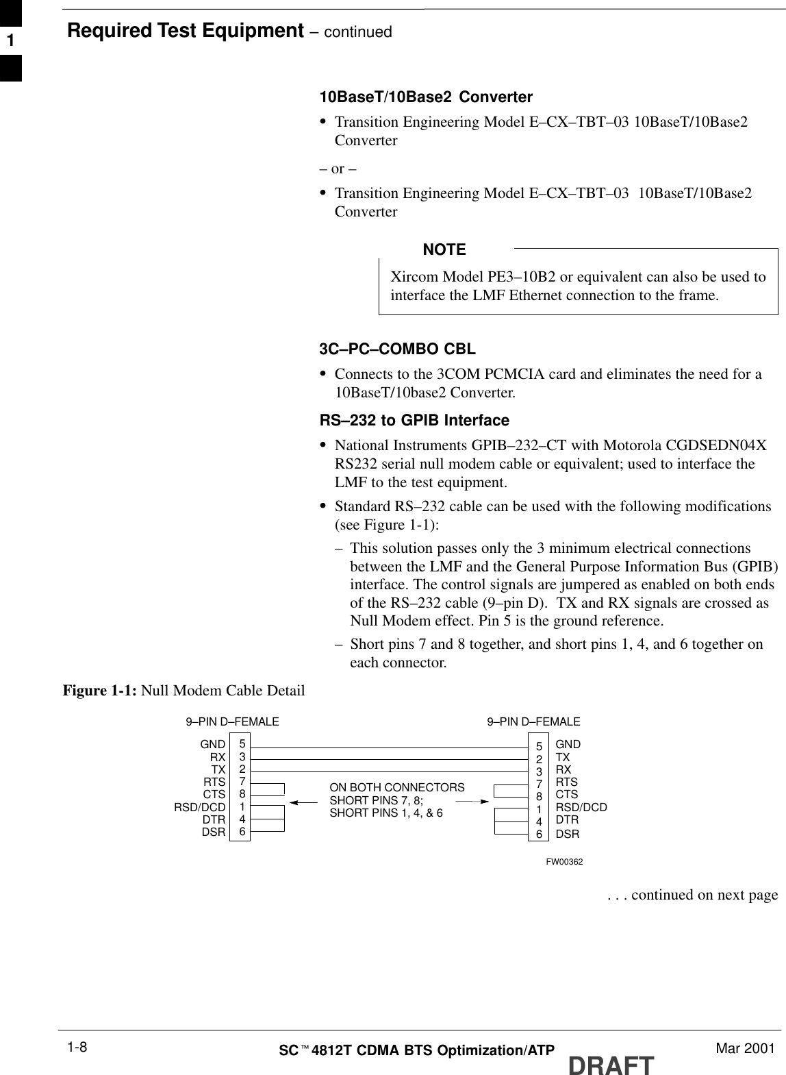 Required Test Equipment – continuedDRAFTSCt4812T CDMA BTS Optimization/ATP Mar 20011-810BaseT/10Base2 ConverterSTransition Engineering Model E–CX–TBT–03 10BaseT/10Base2Converter– or –STransition Engineering Model E–CX–TBT–03  10BaseT/10Base2ConverterXircom Model PE3–10B2 or equivalent can also be used tointerface the LMF Ethernet connection to the frame.NOTE3C–PC–COMBO CBLSConnects to the 3COM PCMCIA card and eliminates the need for a10BaseT/10base2 Converter.RS–232 to GPIB InterfaceSNational Instruments GPIB–232–CT with Motorola CGDSEDN04XRS232 serial null modem cable or equivalent; used to interface theLMF to the test equipment.SStandard RS–232 cable can be used with the following modifications(see Figure 1-1):–This solution passes only the 3 minimum electrical connectionsbetween the LMF and the General Purpose Information Bus (GPIB)interface. The control signals are jumpered as enabled on both endsof the RS–232 cable (9–pin D).  TX and RX signals are crossed asNull Modem effect. Pin 5 is the ground reference.–Short pins 7 and 8 together, and short pins 1, 4, and 6 together oneach connector.Figure 1-1: Null Modem Cable Detail53278146GNDRXTXRTSCTSRSD/DCDDTRGNDTXRXRTSCTSRSD/DCDDTRON BOTH CONNECTORSSHORT PINS 7, 8;SHORT PINS 1, 4, &amp; 69–PIN D–FEMALE 9–PIN D–FEMALE52378146 DSR DSRFW00362 . . . continued on next page1