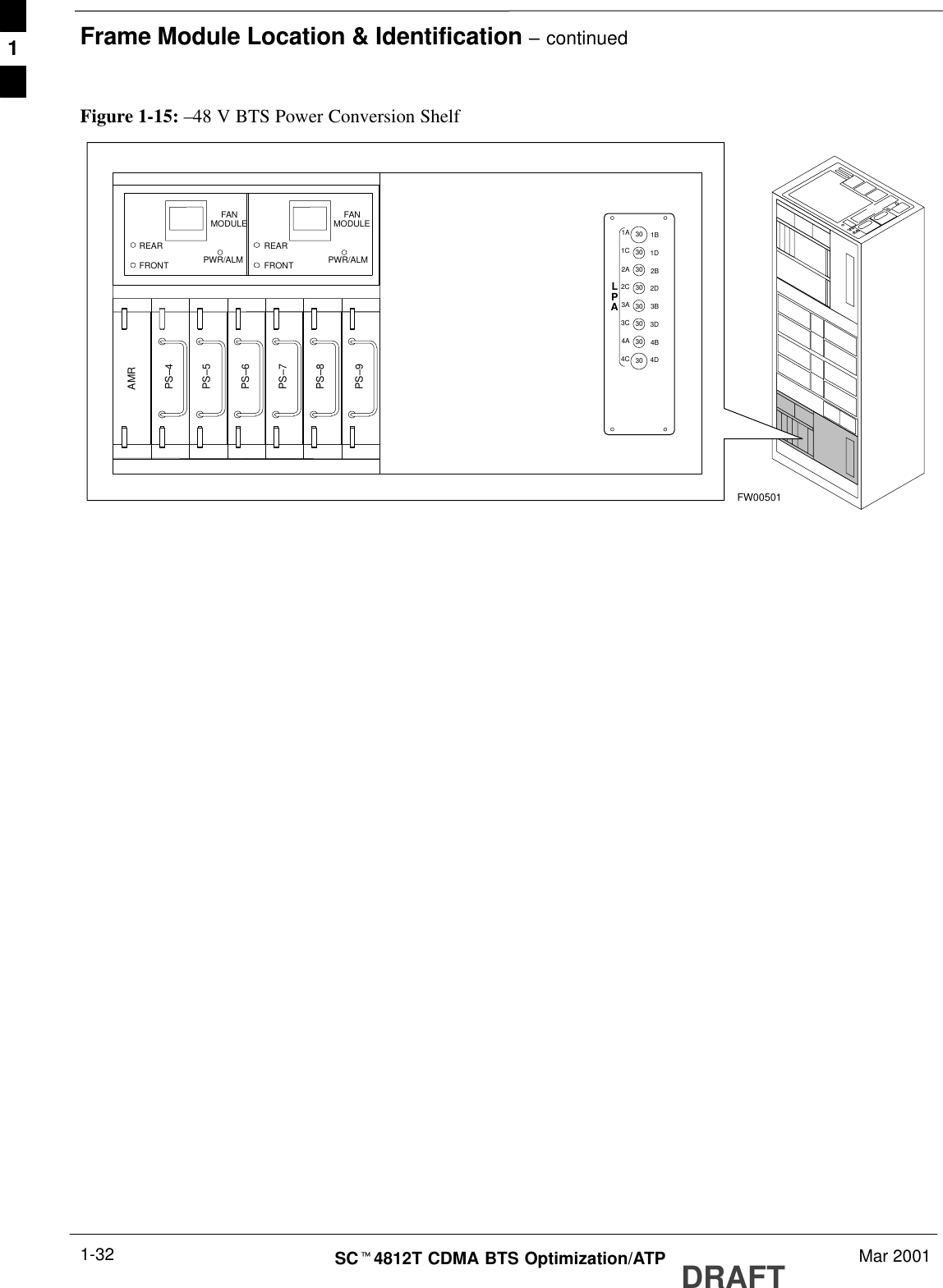 Frame Module Location &amp; Identification – continuedDRAFTSCt4812T CDMA BTS Optimization/ATP Mar 20011-32Figure 1-15: –48 V BTS Power Conversion ShelfFW00501PS–6AMRPS–5PS–4PS–9PS–8PS–71C1A2A2C3C3A4A4CLPA1D1B2B2D3D3B4B4D3030303030303030FANMODULEPWR/ALMREARFRONTFANMODULEPWR/ALMREARFRONT1