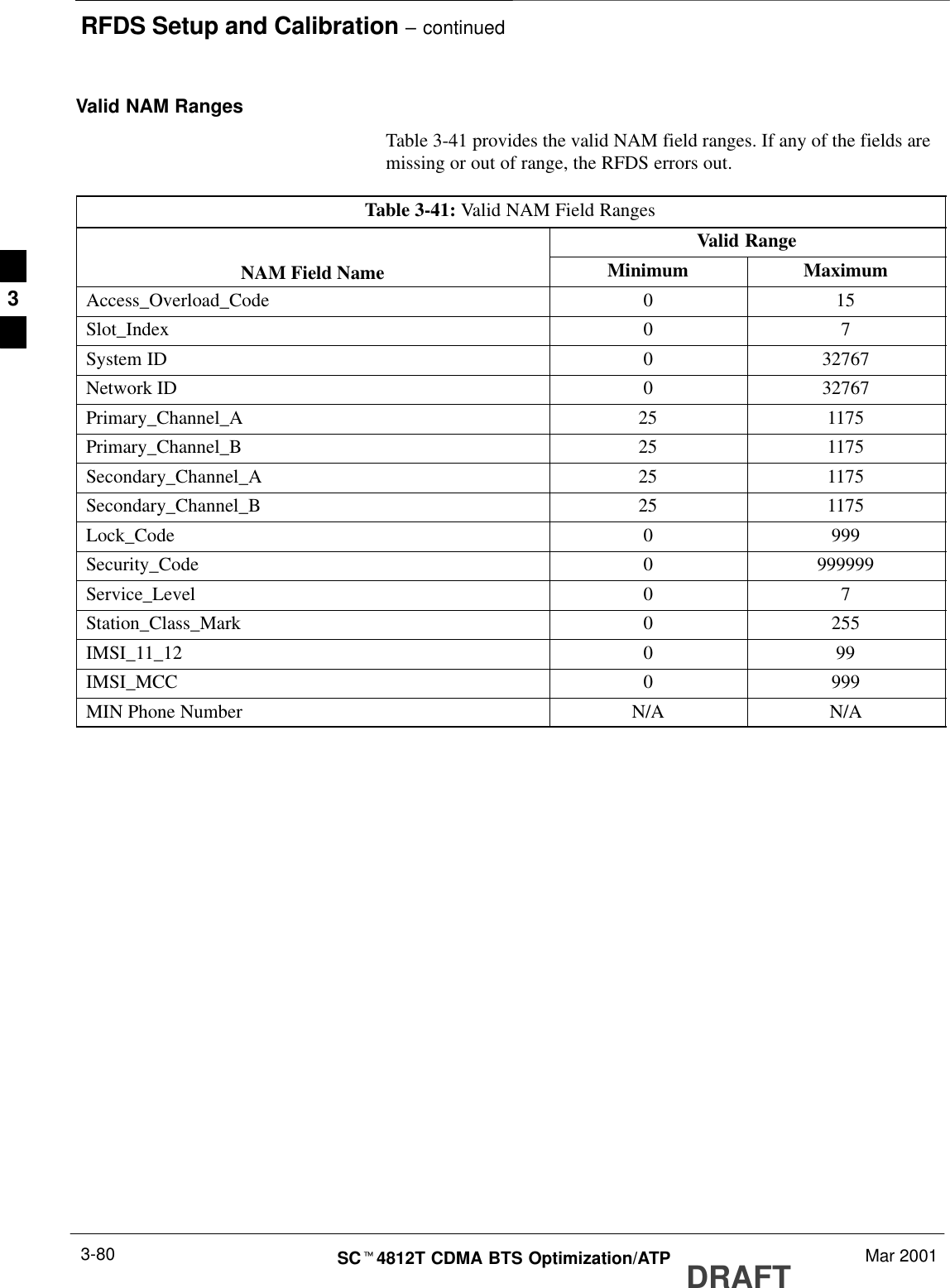 RFDS Setup and Calibration – continuedDRAFTSCt4812T CDMA BTS Optimization/ATP Mar 20013-80Valid NAM RangesTable 3-41 provides the valid NAM field ranges. If any of the fields aremissing or out of range, the RFDS errors out.Table 3-41: Valid NAM Field RangesValid RangeNAM Field Name Minimum MaximumAccess_Overload_Code 0 15Slot_Index 0 7System ID 0 32767Network ID 0 32767Primary_Channel_A 25 1175Primary_Channel_B 25 1175Secondary_Channel_A 25 1175Secondary_Channel_B 25 1175Lock_Code 0 999Security_Code 0 999999Service_Level 0 7Station_Class_Mark 0 255IMSI_11_12 0 99IMSI_MCC 0 999MIN Phone Number N/A N/A3