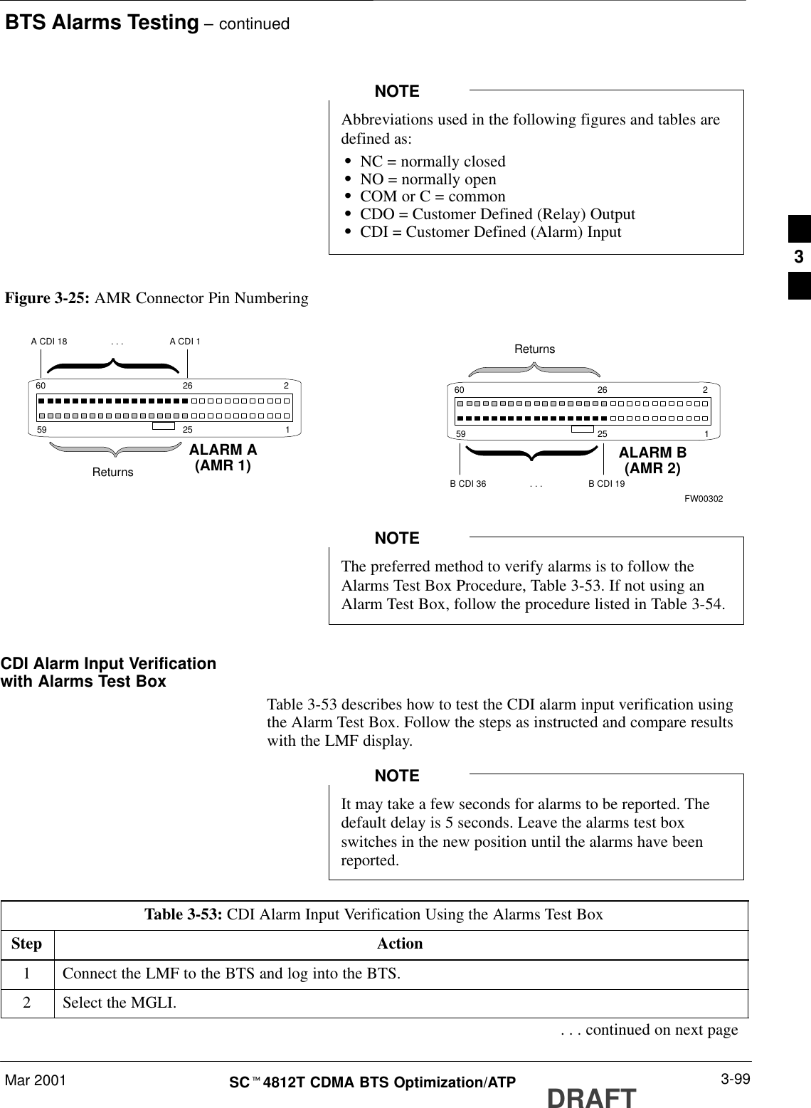 BTS Alarms Testing – continuedMar 2001 3-99SCt4812T CDMA BTS Optimization/ATP DRAFTAbbreviations used in the following figures and tables aredefined as:SNC = normally closedSNO = normally openSCOM or C = commonSCDO = Customer Defined (Relay) OutputSCDI = Customer Defined (Alarm) InputNOTE59 160 2ALARM A(AMR 1) ALARM B(AMR 2)Returns2526A CDI 18 . . . A CDI 159 160 2 Returns2526B CDI 36 . . . B CDI 19FW00302Figure 3-25: AMR Connector Pin NumberingThe preferred method to verify alarms is to follow theAlarms Test Box Procedure, Table 3-53. If not using anAlarm Test Box, follow the procedure listed in Table 3-54.NOTECDI Alarm Input Verificationwith Alarms Test BoxTable 3-53 describes how to test the CDI alarm input verification usingthe Alarm Test Box. Follow the steps as instructed and compare resultswith the LMF display.It may take a few seconds for alarms to be reported. Thedefault delay is 5 seconds. Leave the alarms test boxswitches in the new position until the alarms have beenreported.NOTETable 3-53: CDI Alarm Input Verification Using the Alarms Test BoxStep Action1Connect the LMF to the BTS and log into the BTS.2Select the MGLI.. . . continued on next page3
