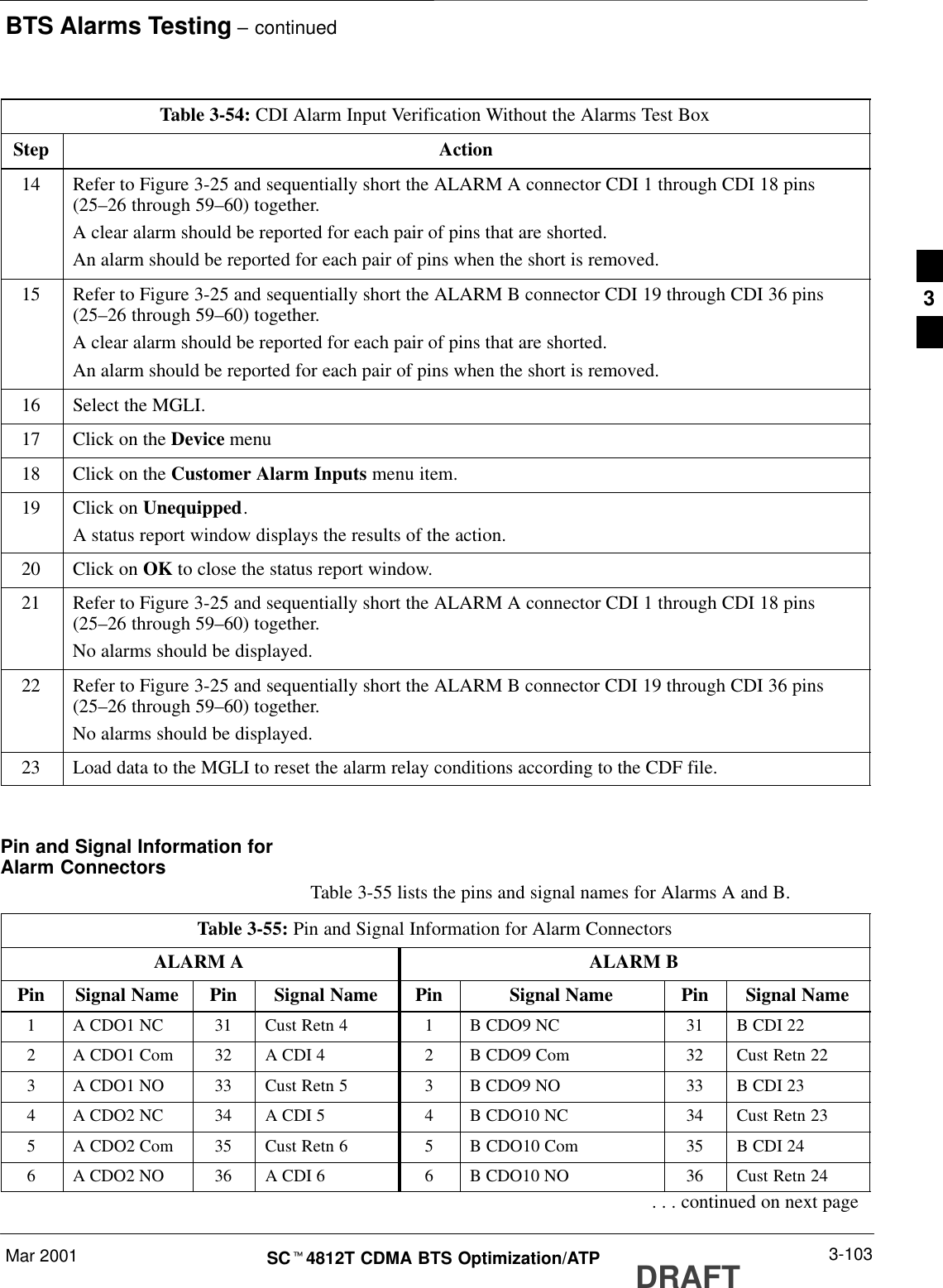 BTS Alarms Testing – continuedMar 2001 3-103SCt4812T CDMA BTS Optimization/ATP DRAFTTable 3-54: CDI Alarm Input Verification Without the Alarms Test BoxStep Action14 Refer to Figure 3-25 and sequentially short the ALARM A connector CDI 1 through CDI 18 pins(25–26 through 59–60) together.A clear alarm should be reported for each pair of pins that are shorted.An alarm should be reported for each pair of pins when the short is removed.15 Refer to Figure 3-25 and sequentially short the ALARM B connector CDI 19 through CDI 36 pins(25–26 through 59–60) together.A clear alarm should be reported for each pair of pins that are shorted.An alarm should be reported for each pair of pins when the short is removed.16 Select the MGLI.17 Click on the Device menu18 Click on the Customer Alarm Inputs menu item.19 Click on Unequipped.A status report window displays the results of the action.20 Click on OK to close the status report window.21 Refer to Figure 3-25 and sequentially short the ALARM A connector CDI 1 through CDI 18 pins(25–26 through 59–60) together.No alarms should be displayed.22 Refer to Figure 3-25 and sequentially short the ALARM B connector CDI 19 through CDI 36 pins(25–26 through 59–60) together.No alarms should be displayed.23 Load data to the MGLI to reset the alarm relay conditions according to the CDF file. Pin and Signal Information forAlarm ConnectorsTable 3-55 lists the pins and signal names for Alarms A and B.Table 3-55: Pin and Signal Information for Alarm ConnectorsALARM A ALARM BPin Signal Name Pin Signal Name Pin Signal Name Pin Signal Name1A CDO1 NC 31 Cust Retn 4 1B CDO9 NC 31 B CDI 222A CDO1 Com 32 A CDI 4 2B CDO9 Com 32 Cust Retn 223A CDO1 NO 33 Cust Retn 5 3B CDO9 NO 33 B CDI 234A CDO2 NC 34 A CDI 5 4B CDO10 NC 34 Cust Retn 235A CDO2 Com 35 Cust Retn 6 5B CDO10 Com 35 B CDI 246A CDO2 NO 36 A CDI 6 6B CDO10 NO 36 Cust Retn 24. . . continued on next page3