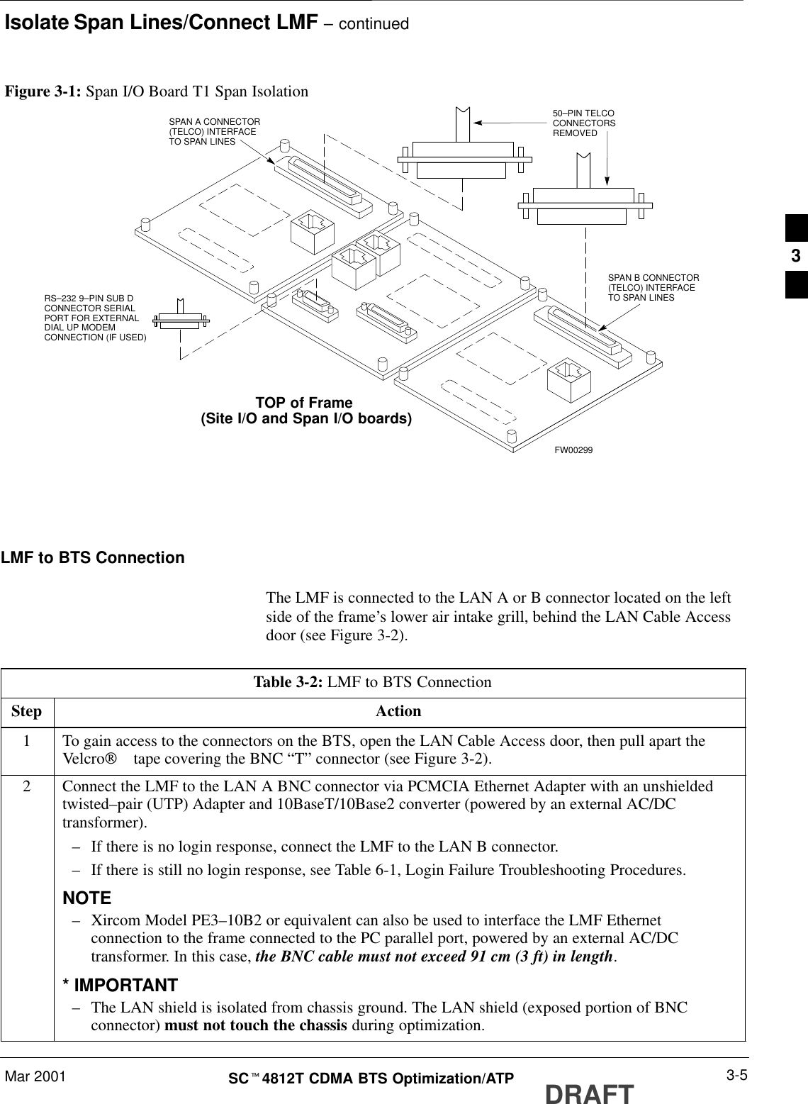 Isolate Span Lines/Connect LMF – continuedMar 2001 3-5SCt4812T CDMA BTS Optimization/ATP DRAFTFigure 3-1: Span I/O Board T1 Span Isolation50–PIN TELCOCONNECTORSREMOVEDSPAN A CONNECTOR(TELCO) INTERFACETO SPAN LINESSPAN B CONNECTOR(TELCO) INTERFACETO SPAN LINESTOP of Frame (Site I/O and Span I/O boards)RS–232 9–PIN SUB DCONNECTOR SERIALPORT FOR EXTERNALDIAL UP MODEMCONNECTION (IF USED)FW00299LMF to BTS ConnectionThe LMF is connected to the LAN A or B connector located on the leftside of the frame’s lower air intake grill, behind the LAN Cable Accessdoor (see Figure 3-2).Table 3-2: LMF to BTS ConnectionStep Action1To gain access to the connectors on the BTS, open the LAN Cable Access door, then pull apart theVelcro tape covering the BNC “T” connector (see Figure 3-2).2Connect the LMF to the LAN A BNC connector via PCMCIA Ethernet Adapter with an unshieldedtwisted–pair (UTP) Adapter and 10BaseT/10Base2 converter (powered by an external AC/DCtransformer).–If there is no login response, connect the LMF to the LAN B connector.–If there is still no login response, see Table 6-1, Login Failure Troubleshooting Procedures.NOTE–Xircom Model PE3–10B2 or equivalent can also be used to interface the LMF Ethernetconnection to the frame connected to the PC parallel port, powered by an external AC/DCtransformer. In this case, the BNC cable must not exceed 91 cm (3 ft) in length.* IMPORTANT–The LAN shield is isolated from chassis ground. The LAN shield (exposed portion of BNCconnector) must not touch the chassis during optimization.3