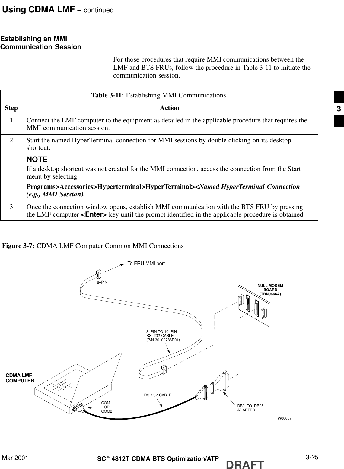 Using CDMA LMF – continuedDRAFTMar 2001 3-25SCt4812T CDMA BTS Optimization/ATPEstablishing an MMICommunication SessionFor those procedures that require MMI communications between theLMF and BTS FRUs, follow the procedure in Table 3-11 to initiate thecommunication session.Table 3-11: Establishing MMI CommunicationsStep Action1Connect the LMF computer to the equipment as detailed in the applicable procedure that requires theMMI communication session.2Start the named HyperTerminal connection for MMI sessions by double clicking on its desktopshortcut.NOTEIf a desktop shortcut was not created for the MMI connection, access the connection from the Startmenu by selecting:Programs&gt;Accessories&gt;Hyperterminal&gt;HyperTerminal&gt;&lt;Named HyperTerminal Connection(e.g., MMI Session).3Once the connection window opens, establish MMI communication with the BTS FRU by pressingthe LMF computer &lt;Enter&gt; key until the prompt identified in the applicable procedure is obtained. NULL MODEMBOARD(TRN9666A)8–PIN TO 10–PINRS–232 CABLE(P/N 30–09786R01)RS–232 CABLE8–PINCDMA LMFCOMPUTERTo FRU MMI portDB9–TO–DB25ADAPTERFigure 3-7: CDMA LMF Computer Common MMI ConnectionsCOM1ORCOM2FW006873
