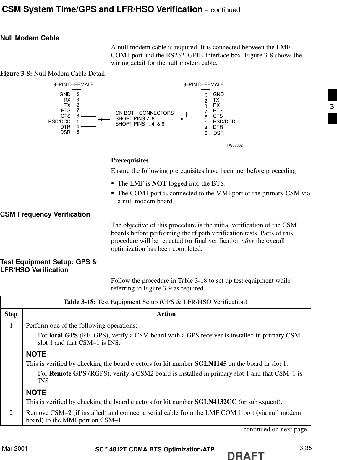 CSM System Time/GPS and LFR/HSO Verification – continuedMar 2001 3-35SCt4812T CDMA BTS Optimization/ATP DRAFTNull Modem CableA null modem cable is required. It is connected between the LMFCOM1 port and the RS232–GPIB Interface box. Figure 3-8 shows thewiring detail for the null modem cable.Figure 3-8: Null Modem Cable Detail53278146GNDRXTXRTSCTSRSD/DCDDTRGNDTXRXRTSCTSRSD/DCDDTRON BOTH CONNECTORSSHORT PINS 7, 8;SHORT PINS 1, 4, &amp; 69–PIN D–FEMALE 9–PIN D–FEMALE52378146 DSR DSRFW00362PrerequisitesEnsure the following prerequisites have been met before proceeding:SThe LMF is NOT logged into the BTS.SThe COM1 port is connected to the MMI port of the primary CSM viaa null modem board.CSM Frequency VerificationThe objective of this procedure is the initial verification of the CSMboards before performing the rf path verification tests. Parts of thisprocedure will be repeated for final verification after the overalloptimization has been completed.Test Equipment Setup: GPS &amp;LFR/HSO VerificationFollow the procedure in Table 3-18 to set up test equipment whilereferring to Figure 3-9 as required.Table 3-18: Test Equipment Setup (GPS &amp; LFR/HSO Verification)Step Action1Perform one of the following operations:–For local GPS (RF–GPS), verify a CSM board with a GPS receiver is installed in primary CSMslot 1 and that CSM–1 is INS.NOTEThis is verified by checking the board ejectors for kit number SGLN1145 on the board in slot 1.–For Remote GPS (RGPS), verify a CSM2 board is installed in primary slot 1 and that CSM–1 isINSNOTEThis is verified by checking the board ejectors for kit number SGLN4132CC (or subsequent).2Remove CSM–2 (if installed) and connect a serial cable from the LMF COM 1 port (via null modemboard) to the MMI port on CSM–1.. . . continued on next page3