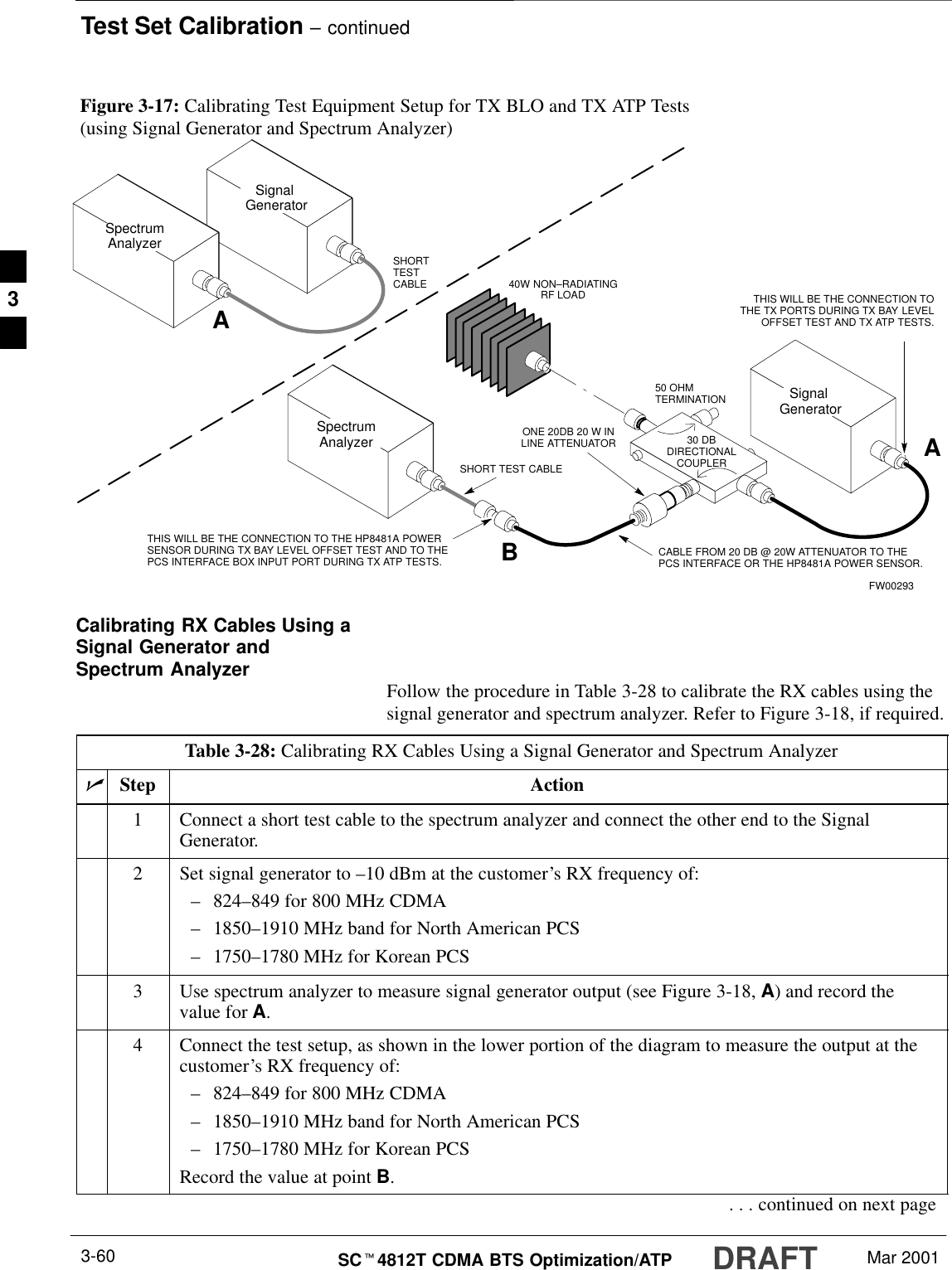 Test Set Calibration – continuedDRAFTSCt4812T CDMA BTS Optimization/ATP Mar 20013-60Figure 3-17: Calibrating Test Equipment Setup for TX BLO and TX ATP Tests(using Signal Generator and Spectrum Analyzer)50 OHMTERMINATION30 DBDIRECTIONALCOUPLERSpectrumAnalyzerSignal GeneratorASpectrumAnalyzer40W NON–RADIATINGRF LOADBSHORT TEST CABLESignal GeneratorTHIS WILL BE THE CONNECTION TO THE HP8481A POWERSENSOR DURING TX BAY LEVEL OFFSET TEST AND TO THEPCS INTERFACE BOX INPUT PORT DURING TX ATP TESTS.SHORTTESTCABLETHIS WILL BE THE CONNECTION TOTHE TX PORTS DURING TX BAY LEVELOFFSET TEST AND TX ATP TESTS.CABLE FROM 20 DB @ 20W ATTENUATOR TO THEPCS INTERFACE OR THE HP8481A POWER SENSOR.AONE 20DB 20 W INLINE ATTENUATORFW00293Calibrating RX Cables Using aSignal Generator andSpectrum Analyzer Follow the procedure in Table 3-28 to calibrate the RX cables using thesignal generator and spectrum analyzer. Refer to Figure 3-18, if required.Table 3-28: Calibrating RX Cables Using a Signal Generator and Spectrum AnalyzernStep Action1Connect a short test cable to the spectrum analyzer and connect the other end to the SignalGenerator.2Set signal generator to –10 dBm at the customer’s RX frequency of:–824–849 for 800 MHz CDMA–1850–1910 MHz band for North American PCS–1750–1780 MHz for Korean PCS3Use spectrum analyzer to measure signal generator output (see Figure 3-18, A) and record thevalue for A.4Connect the test setup, as shown in the lower portion of the diagram to measure the output at thecustomer’s RX frequency of:–824–849 for 800 MHz CDMA–1850–1910 MHz band for North American PCS–1750–1780 MHz for Korean PCSRecord the value at point B.. . . continued on next page3