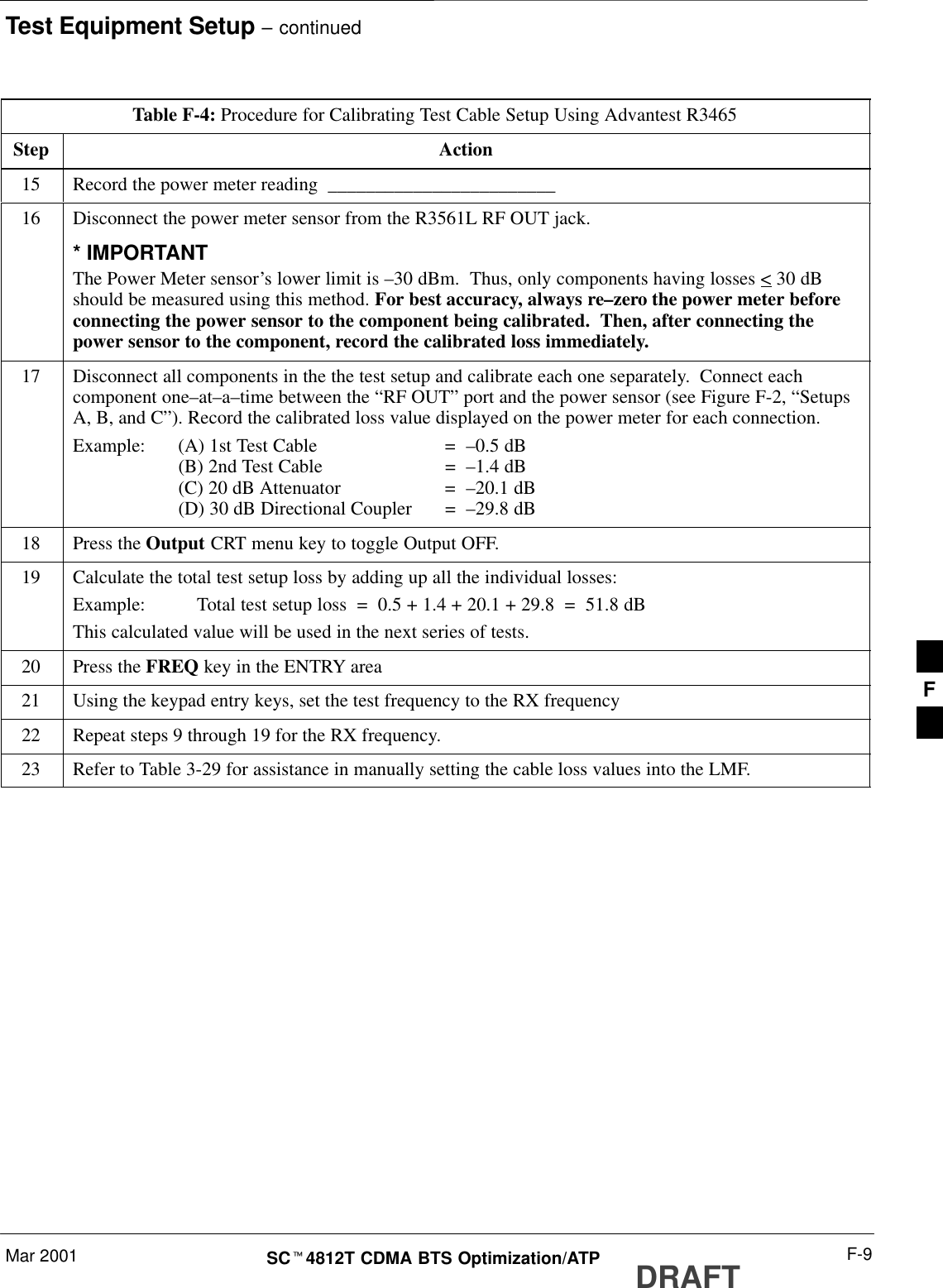 Test Equipment Setup – continuedMar 2001 F-9SCt4812T CDMA BTS Optimization/ATP DRAFTTable F-4: Procedure for Calibrating Test Cable Setup Using Advantest R3465Step Action15 Record the power meter reading  ________________________16 Disconnect the power meter sensor from the R3561L RF OUT jack.* IMPORTANTThe Power Meter sensor’s lower limit is –30 dBm.  Thus, only components having losses &lt; 30 dBshould be measured using this method. For best accuracy, always re–zero the power meter beforeconnecting the power sensor to the component being calibrated.  Then, after connecting thepower sensor to the component, record the calibrated loss immediately.17 Disconnect all components in the the test setup and calibrate each one separately.  Connect eachcomponent one–at–a–time between the “RF OUT” port and the power sensor (see Figure F-2, “SetupsA, B, and C”). Record the calibrated loss value displayed on the power meter for each connection.Example:  (A) 1st Test Cable =  –0.5 dB(B) 2nd Test Cable  =  –1.4 dB(C) 20 dB Attenuator  =  –20.1 dB(D) 30 dB Directional Coupler  =  –29.8 dB18 Press the Output CRT menu key to toggle Output OFF.19 Calculate the total test setup loss by adding up all the individual losses:Example:  Total test setup loss  =  0.5 + 1.4 + 20.1 + 29.8  =  51.8 dBThis calculated value will be used in the next series of tests.20 Press the FREQ key in the ENTRY area21 Using the keypad entry keys, set the test frequency to the RX frequency22 Repeat steps 9 through 19 for the RX frequency.23 Refer to Table 3-29 for assistance in manually setting the cable loss values into the LMF. F