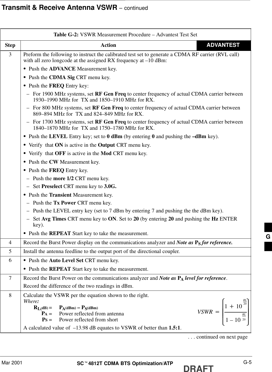 Transmit &amp; Receive Antenna VSWR – continuedMar 2001 G-5SCt4812T CDMA BTS Optimization/ATP DRAFTTable G-2: VSWR Measurement Procedure – Advantest Test SetStep ADVANTESTAction3Preform the following to instruct the calibrated test set to generate a CDMA RF carrier (RVL call)with all zero longcode at the assigned RX frequency at –10 dBm:SPush the ADVANCE Measurement key.SPush the CDMA Sig CRT menu key.SPush the FREQ Entry key:–For 1900 MHz systems, set RF Gen Freq to center frequency of actual CDMA carrier between1930–1990 MHz for  TX and 1850–1910 MHz for RX.–For 800 MHz systems, set RF Gen Freq to center frequency of actual CDMA carrier between869–894 MHz for  TX and 824–849 MHz for RX.–For 1700 MHz systems, set RF Gen Freq to center frequency of actual CDMA carrier between1840–1870 MHz for  TX and 1750–1780 MHz for RX.SPush the LEVEL Entry key; set to 0 dBm (by entering 0 and pushing the –dBm key).SVerify  that ON is active in the Output CRT menu key.SVerify  that OFF is active in the Mod CRT menu key.SPush the CW Measurement key.SPush the FREQ Entry key.–Push the more 1/2 CRT menu key.–Set Preselect CRT menu key to 3.0G.SPush the Transient Measurement key.–Push the Tx Power CRT menu key.–Push the LEVEL entry key (set to 7 dBm by entering 7 and pushing the the dBm key).–Set Avg Times CRT menu key to ON. Set to 20 (by entering 20 and pushing the Hz ENTERkey).SPush the REPEAT Start key to take the measurement.4Record the Burst Power display on the communications analyzer and Note as PS for reference.5Install the antenna feedline to the output port of the directional coupler.6SPush the Auto Level Set CRT menu key.SPush the REPEAT Start key to take the measurement.7Record the Burst Power on the communications analyzer and Note as PA level for reference.Record the difference of the two readings in dBm.8Calculate the VSWR per the equation shown to the right.Where:RL(dB) =PA(dBm) – PS(dBm) PA = Power reflected from antennaPS = Power reflected from shortA calculated value of  –13.98 dB equates to VSWR of better than 1.5:1.VSWR +ȧȧȡȢ1)10RL201–10RL20ȧȧȣȤ. . . continued on next pageG