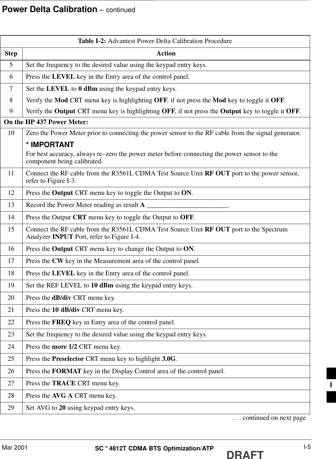 Power Delta Calibration – continuedMar 2001 I-5SCt4812T CDMA BTS Optimization/ATP DRAFTTable I-2: Advantest Power Delta Calibration ProcedureStep Action5Set the frequency to the desired value using the keypad entry keys.6Press the LEVEL key in the Entry area of the control panel.7Set the LEVEL to 0 dBm using the keypad entry keys.8Verify the Mod CRT menu key is highlighting OFF, if not press the Mod key to toggle it OFF.9Verify the Output CRT menu key is highlighting OFF, if not press the Output key to toggle it OFF.On the HP 437 Power Meter:10 Zero the Power Meter prior to connecting the power sensor to the RF cable from the signal generator.* IMPORTANTFor best accuracy, always re–zero the power meter before connecting the power sensor to thecomponent being calibrated.11 Connect the RF cable from the R3561L CDMA Test Source Unit RF OUT port to the power sensor,refer to Figure I-3.12 Press the Output CRT menu key to toggle the Output to ON.13 Record the Power Meter reading as result A ________________________.14 Press the Output CRT menu key to toggle the Output to OFF.15 Connect the RF cable from the R3561L CDMA Test Source Unit RF OUT port to the SpectrumAnalyzer INPUT Port, refer to Figure I-4.16 Press the Output CRT menu key to change the Output to ON.17 Press the CW key in the Measurement area of the control panel.18 Press the LEVEL key in the Entry area of the control panel.19 Set the REF LEVEL to 10 dBm using the keypad entry keys.20 Press the dB/div CRT menu key.21 Press the 10 dB/div CRT menu key.22 Press the FREQ key in Entry area of the control panel.23 Set the frequency to the desired value using the keypad entry keys.24 Press the more 1/2 CRT menu key.25 Press the Preselector CRT menu key to highlight 3.0G.26 Press the FORMAT key in the Display Control area of the control panel.27 Press the TRACE CRT menu key.28 Press the AVG A CRT menu key.29 Set AVG to 20 using keypad entry keys.. . . continued on next pageI