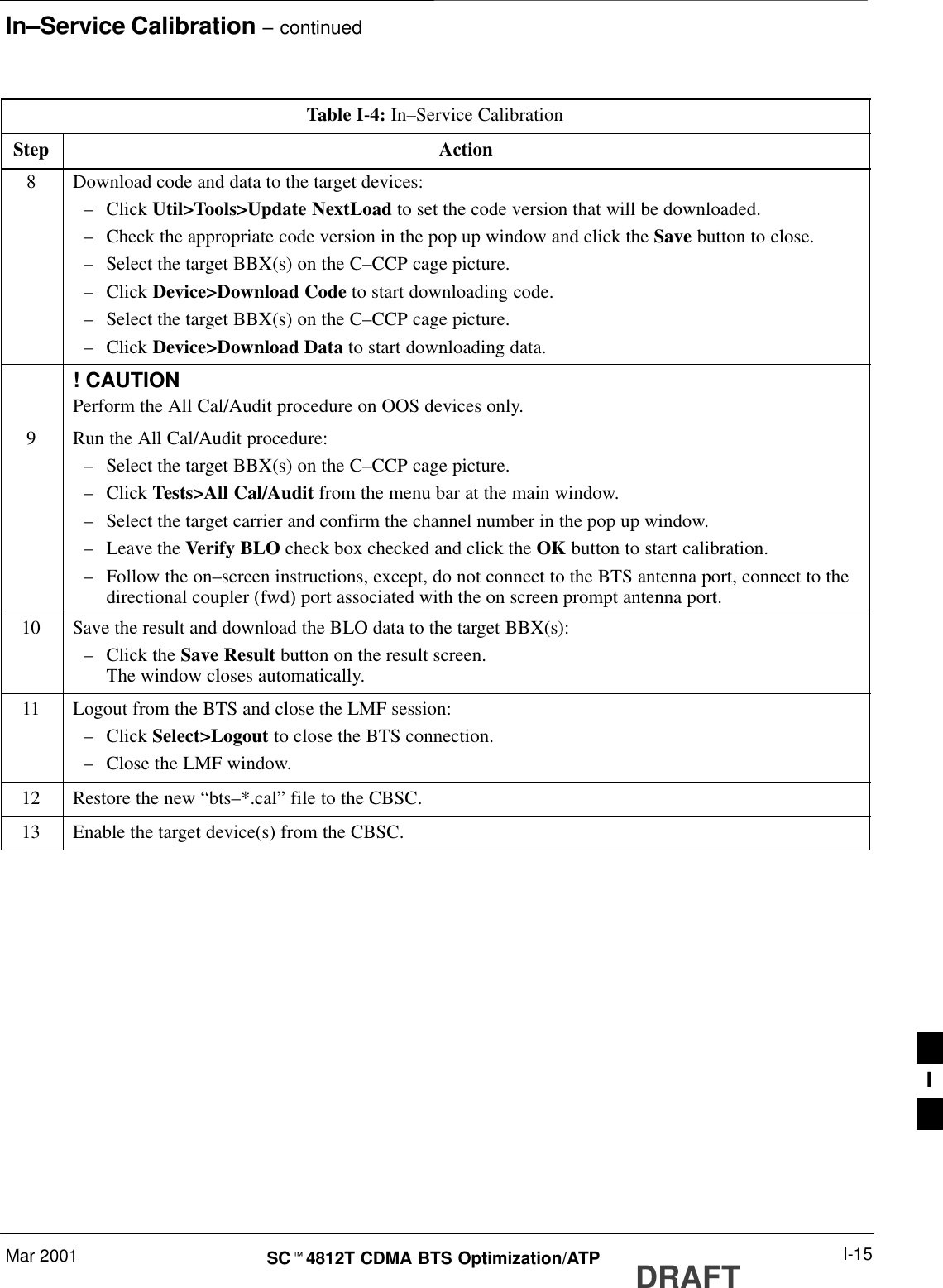 In–Service Calibration – continuedMar 2001 I-15SCt4812T CDMA BTS Optimization/ATP DRAFTTable I-4: In–Service CalibrationStep Action8Download code and data to the target devices:–Click Util&gt;Tools&gt;Update NextLoad to set the code version that will be downloaded.–Check the appropriate code version in the pop up window and click the Save button to close.–Select the target BBX(s) on the C–CCP cage picture.–Click Device&gt;Download Code to start downloading code.–Select the target BBX(s) on the C–CCP cage picture.–Click Device&gt;Download Data to start downloading data.! CAUTIONPerform the All Cal/Audit procedure on OOS devices only.9Run the All Cal/Audit procedure:–Select the target BBX(s) on the C–CCP cage picture.–Click Tests&gt;All Cal/Audit from the menu bar at the main window.–Select the target carrier and confirm the channel number in the pop up window.–Leave the Verify BLO check box checked and click the OK button to start calibration.–Follow the on–screen instructions, except, do not connect to the BTS antenna port, connect to thedirectional coupler (fwd) port associated with the on screen prompt antenna port.10 Save the result and download the BLO data to the target BBX(s):–Click the Save Result button on the result screen.The window closes automatically.11 Logout from the BTS and close the LMF session:–Click Select&gt;Logout to close the BTS connection.–Close the LMF window.12 Restore the new “bts–*.cal” file to the CBSC.13 Enable the target device(s) from the CBSC. I