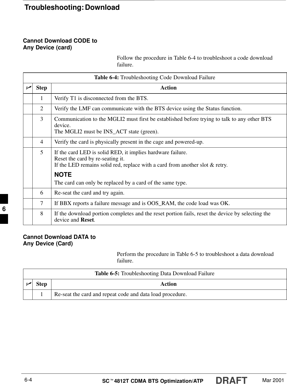 Troubleshooting: DownloadDRAFTSCt4812T CDMA BTS Optimization/ATP Mar 20016-4Cannot Download CODE toAny Device (card)Follow the procedure in Table 6-4 to troubleshoot a code downloadfailure.Table 6-4: Troubleshooting Code Download FailurenStep Action1Verify T1 is disconnected from the BTS.2Verify the LMF can communicate with the BTS device using the Status function.3Communication to the MGLI2 must first be established before trying to talk to any other BTSdevice.The MGLI2 must be INS_ACT state (green).4Verify the card is physically present in the cage and powered-up.5If the card LED is solid RED, it implies hardware failure.Reset the card by re-seating it.If the LED remains solid red, replace with a card from another slot &amp; retry.NOTEThe card can only be replaced by a card of the same type.6Re-seat the card and try again.7If BBX reports a failure message and is OOS_RAM, the code load was OK.8If the download portion completes and the reset portion fails, reset the device by selecting thedevice and Reset.Cannot Download DATA toAny Device (Card)Perform the procedure in Table 6-5 to troubleshoot a data downloadfailure.Table 6-5: Troubleshooting Data Download FailurenStep Action1Re-seat the card and repeat code and data load procedure.6