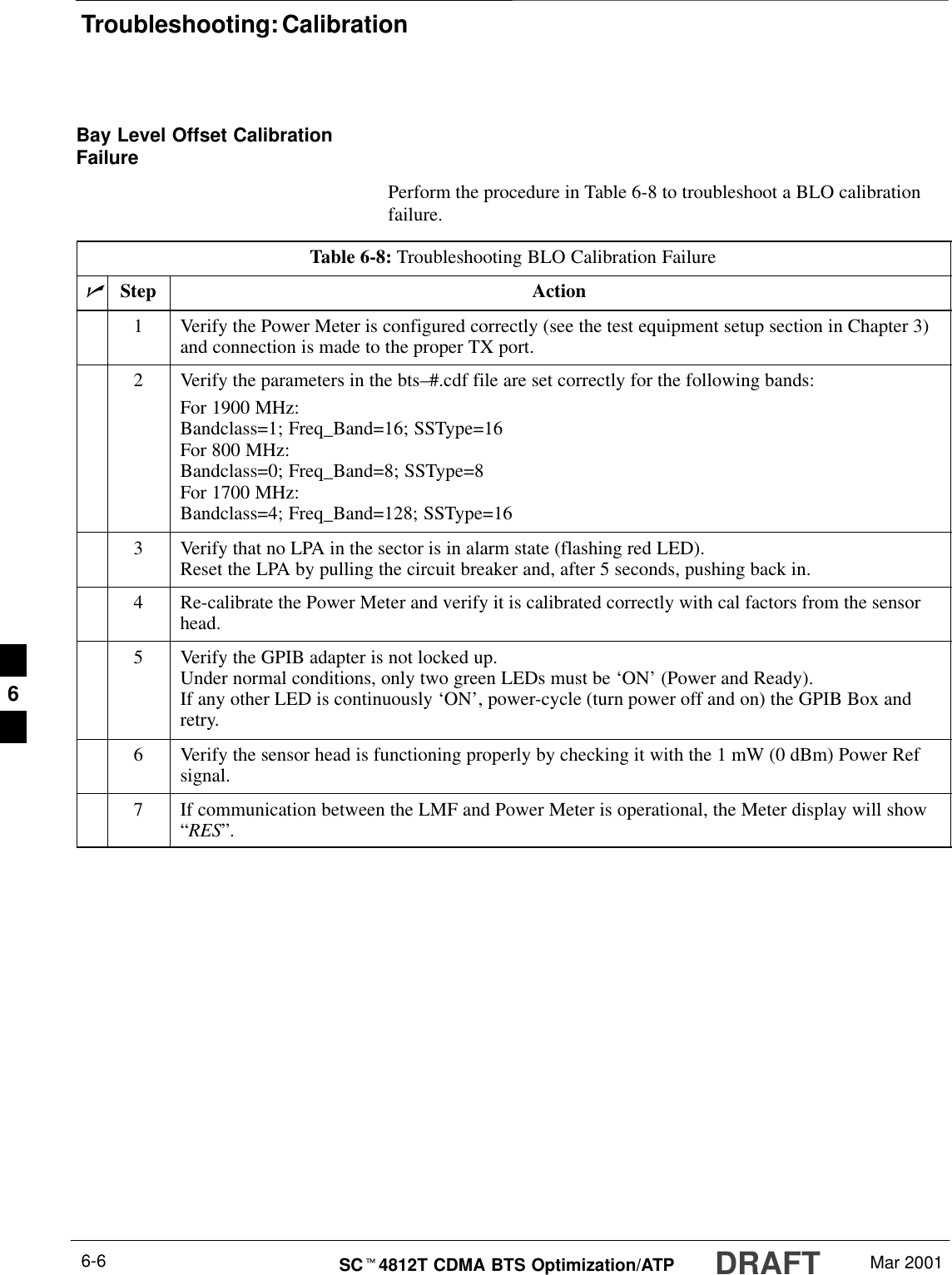 Troubleshooting: CalibrationDRAFTSCt4812T CDMA BTS Optimization/ATP Mar 20016-6Bay Level Offset CalibrationFailurePerform the procedure in Table 6-8 to troubleshoot a BLO calibrationfailure.Table 6-8: Troubleshooting BLO Calibration FailurenStep Action1Verify the Power Meter is configured correctly (see the test equipment setup section in Chapter 3)and connection is made to the proper TX port.2Verify the parameters in the bts–#.cdf file are set correctly for the following bands:For 1900 MHz:Bandclass=1; Freq_Band=16; SSType=16For 800 MHz:Bandclass=0; Freq_Band=8; SSType=8For 1700 MHz:Bandclass=4; Freq_Band=128; SSType=163Verify that no LPA in the sector is in alarm state (flashing red LED).Reset the LPA by pulling the circuit breaker and, after 5 seconds, pushing back in.4Re-calibrate the Power Meter and verify it is calibrated correctly with cal factors from the sensorhead.5Verify the GPIB adapter is not locked up.Under normal conditions, only two green LEDs must be ‘ON’ (Power and Ready).If any other LED is continuously ‘ON’, power-cycle (turn power off and on) the GPIB Box andretry.6Verify the sensor head is functioning properly by checking it with the 1 mW (0 dBm) Power Refsignal.7If communication between the LMF and Power Meter is operational, the Meter display will show“RES”. 6