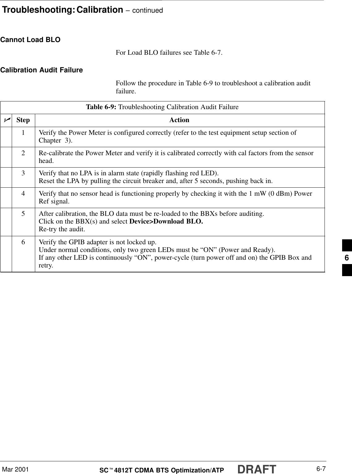 Troubleshooting: Calibration – continuedMar 2001 6-7SCt4812T CDMA BTS Optimization/ATP DRAFTCannot Load BLOFor Load BLO failures see Table 6-7.Calibration Audit FailureFollow the procedure in Table 6-9 to troubleshoot a calibration auditfailure.Table 6-9: Troubleshooting Calibration Audit FailurenStep Action1Verify the Power Meter is configured correctly (refer to the test equipment setup section ofChapter  3).2Re-calibrate the Power Meter and verify it is calibrated correctly with cal factors from the sensorhead.3Verify that no LPA is in alarm state (rapidly flashing red LED).Reset the LPA by pulling the circuit breaker and, after 5 seconds, pushing back in.4Verify that no sensor head is functioning properly by checking it with the 1 mW (0 dBm) PowerRef signal.5After calibration, the BLO data must be re-loaded to the BBXs before auditing.Click on the BBX(s) and select Device&gt;Download BLO.Re-try the audit.6Verify the GPIB adapter is not locked up.Under normal conditions, only two green LEDs must be “ON” (Power and Ready).If any other LED is continuously “ON”, power-cycle (turn power off and on) the GPIB Box andretry. 6