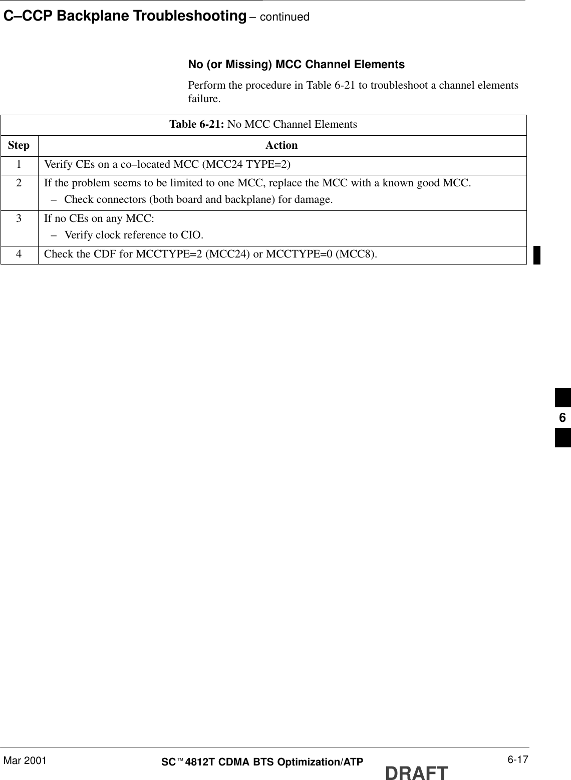 C–CCP Backplane Troubleshooting – continuedMar 2001 6-17SCt4812T CDMA BTS Optimization/ATP DRAFTNo (or Missing) MCC Channel ElementsPerform the procedure in Table 6-21 to troubleshoot a channel elementsfailure.Table 6-21: No MCC Channel ElementsStep Action1Verify CEs on a co–located MCC (MCC24 TYPE=2)2If the problem seems to be limited to one MCC, replace the MCC with a known good MCC.–Check connectors (both board and backplane) for damage.3If no CEs on any MCC:–Verify clock reference to CIO.4Check the CDF for MCCTYPE=2 (MCC24) or MCCTYPE=0 (MCC8).6