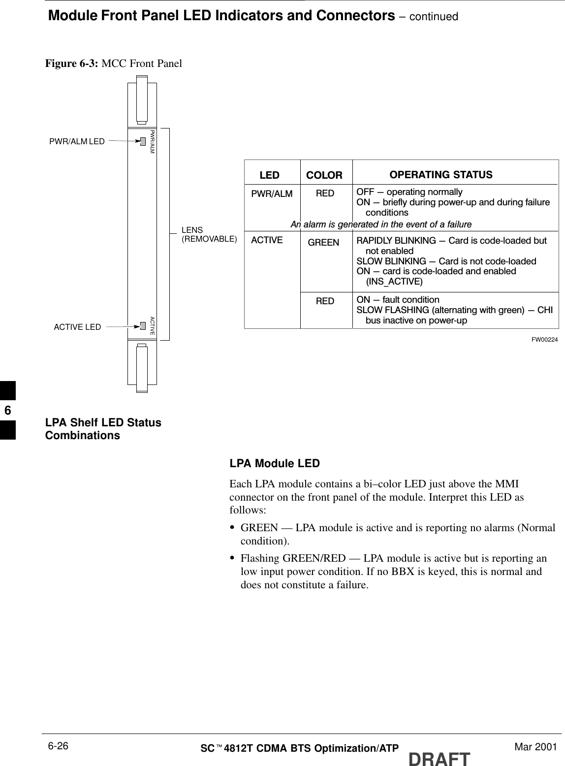 Module Front Panel LED Indicators and Connectors – continuedDRAFTSCt4812T CDMA BTS Optimization/ATP Mar 20016-26Figure 6-3: MCC Front PanelPWR/ALM LEDLENS(REMOVABLE)ACTIVE LEDPWR/ALM ACTIVEPWR/ALM OFF - operating normallyON - briefly during powerĆup and during failureąconditionsACTIVELED OPERATING STATUSRAPIDLY BLINKING -  Card is  codeĆloaded butąnot enabledSLOW BLINKING - Card is not codeĆloadedON - card is codeĆloaded and enabledą(INS_ACTIVE)COLORGREENREDRED ON - fault conditionSLOW FLASHING (alternating with green) - CHIąbus inactive on powerĆupAn alarm is generated in the event of a failureFW00224LPA Shelf LED StatusCombinationsLPA Module LEDEach LPA module contains a bi–color LED just above the MMIconnector on the front panel of the module. Interpret this LED asfollows:SGREEN — LPA module is active and is reporting no alarms (Normalcondition).SFlashing GREEN/RED — LPA module is active but is reporting anlow input power condition. If no BBX is keyed, this is normal anddoes not constitute a failure.6