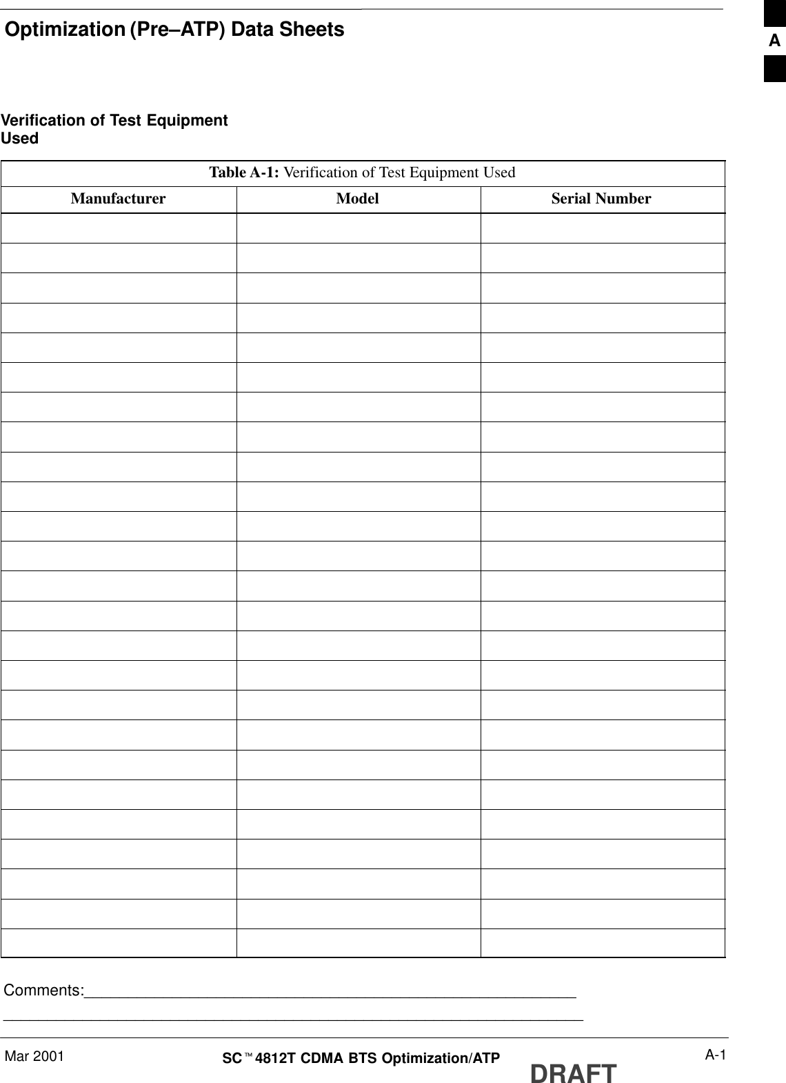 Optimization (Pre–ATP) Data SheetsMar 2001 A-1SCt4812T CDMA BTS Optimization/ATP DRAFTVerification of Test EquipmentUsedTable A-1: Verification of Test Equipment UsedManufacturer Model Serial NumberComments:__________________________________________________________________________________________________________________________A