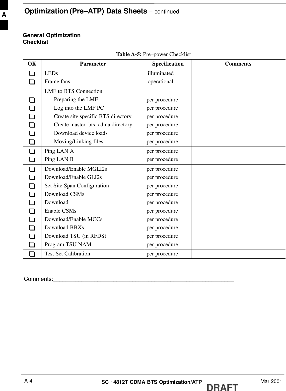 Optimization (Pre–ATP) Data Sheets – continuedDRAFTSCt4812T CDMA BTS Optimization/ATP Mar 2001A-4General OptimizationChecklistTable A-5: Pre–power ChecklistOK Parameter Specification Comments--LEDsFrame fansilluminatedoperational------LMF to BTS ConnectionPreparing the LMFLog into the LMF PCCreate site specific BTS directoryCreate master–bts–cdma directoryDownload device loadsMoving/Linking filesper procedureper procedureper procedureper procedureper procedureper procedure--Ping LAN APing LAN Bper procedureper procedure----------Download/Enable MGLI2sDownload/Enable GLI2sSet Site Span ConfigurationDownload CSMsDownloadEnable CSMsDownload/Enable MCCsDownload BBXsDownload TSU (in RFDS)Program TSU NAMper procedureper procedureper procedureper procedureper procedureper procedureper procedureper procedureper procedureper procedure-Test Set Calibration per procedureComments:_________________________________________________________A