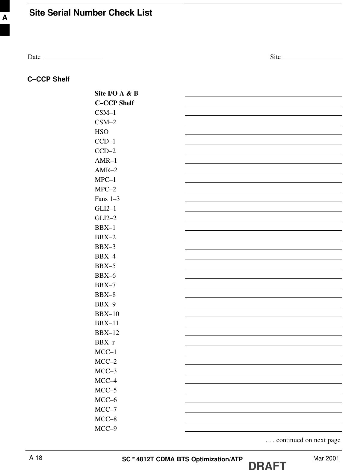 Site Serial Number Check ListDRAFTSCt4812T CDMA BTS Optimization/ATP Mar 2001A-18Date SiteC–CCP ShelfSite I/O A &amp; BC–CCP ShelfCSM–1CSM–2HSOCCD–1CCD–2AMR–1AMR–2MPC–1MPC–2Fans 1–3 GLI2–1GLI2–2BBX–1BBX–2BBX–3BBX–4BBX–5BBX–6BBX–7BBX–8BBX–9BBX–10BBX–11BBX–12BBX–rMCC–1MCC–2MCC–3MCC–4MCC–5MCC–6MCC–7MCC–8MCC–9 . . . continued on next pageA