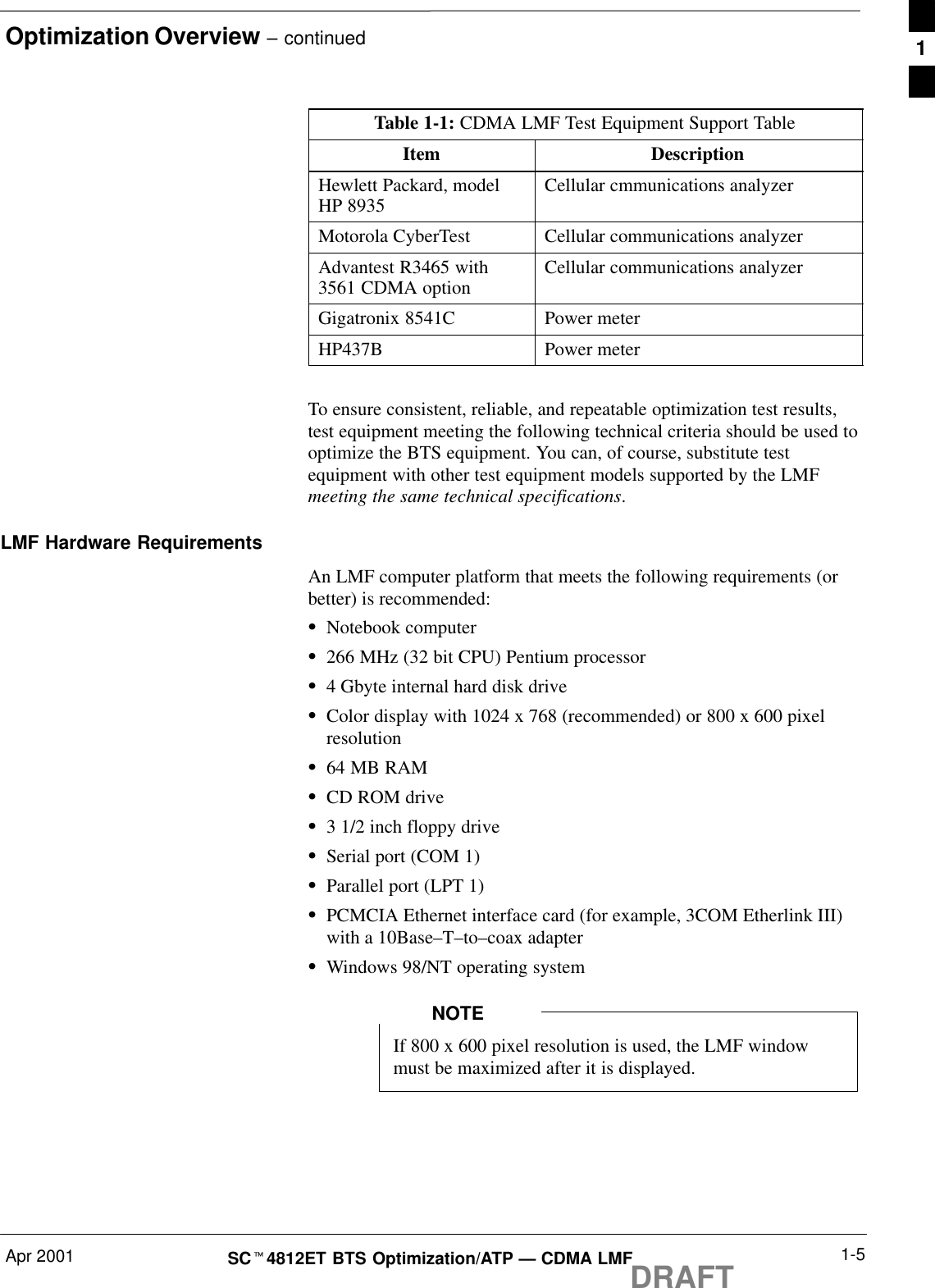 Optimization Overview – continuedApr 2001 1-5SCt4812ET BTS Optimization/ATP — CDMA LMFDRAFTTable 1-1: CDMA LMF Test Equipment Support TableItem DescriptionHewlett Packard, modelHP 8935 Cellular cmmunications analyzerMotorola CyberTest Cellular communications analyzerAdvantest R3465 with3561 CDMA option Cellular communications analyzerGigatronix 8541C Power meterHP437B Power meter To ensure consistent, reliable, and repeatable optimization test results,test equipment meeting the following technical criteria should be used tooptimize the BTS equipment. You can, of course, substitute testequipment with other test equipment models supported by the LMFmeeting the same technical specifications.LMF Hardware RequirementsAn LMF computer platform that meets the following requirements (orbetter) is recommended:SNotebook computerS266 MHz (32 bit CPU) Pentium processorS4 Gbyte internal hard disk driveSColor display with 1024 x 768 (recommended) or 800 x 600 pixelresolutionS64 MB RAMSCD ROM driveS3 1/2 inch floppy driveSSerial port (COM 1)SParallel port (LPT 1)SPCMCIA Ethernet interface card (for example, 3COM Etherlink III)with a 10Base–T–to–coax adapterSWindows 98/NT operating systemIf 800 x 600 pixel resolution is used, the LMF windowmust be maximized after it is displayed.NOTE1