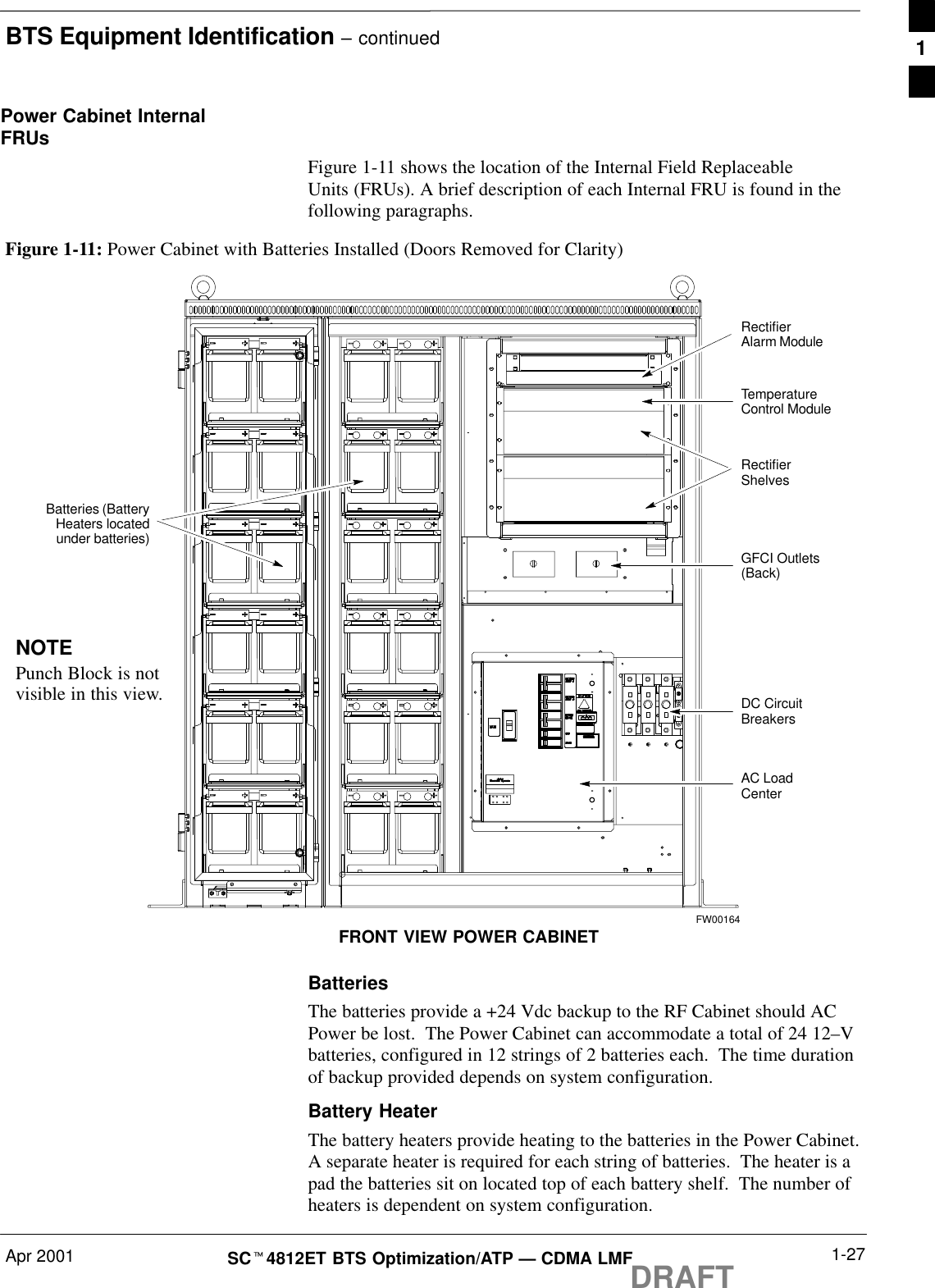 BTS Equipment Identification – continuedApr 2001 1-27SCt4812ET BTS Optimization/ATP — CDMA LMFDRAFTPower Cabinet InternalFRUsFigure 1-11 shows the location of the Internal Field ReplaceableUnits (FRUs). A brief description of each Internal FRU is found in thefollowing paragraphs.Figure 1-11: Power Cabinet with Batteries Installed (Doors Removed for Clarity)NOTEPunch Block is notvisible in this view.RectifierShelvesRectifierAlarm ModuleDC CircuitBreakersAC LoadCenterGFCI Outlets(Back)TemperatureControl ModuleFRONT VIEW POWER CABINETBatteries (BatteryHeaters locatedunder batteries)FW00164BatteriesThe batteries provide a +24 Vdc backup to the RF Cabinet should ACPower be lost.  The Power Cabinet can accommodate a total of 24 12–Vbatteries, configured in 12 strings of 2 batteries each.  The time durationof backup provided depends on system configuration.Battery HeaterThe battery heaters provide heating to the batteries in the Power Cabinet.A separate heater is required for each string of batteries.  The heater is apad the batteries sit on located top of each battery shelf.  The number ofheaters is dependent on system configuration.1