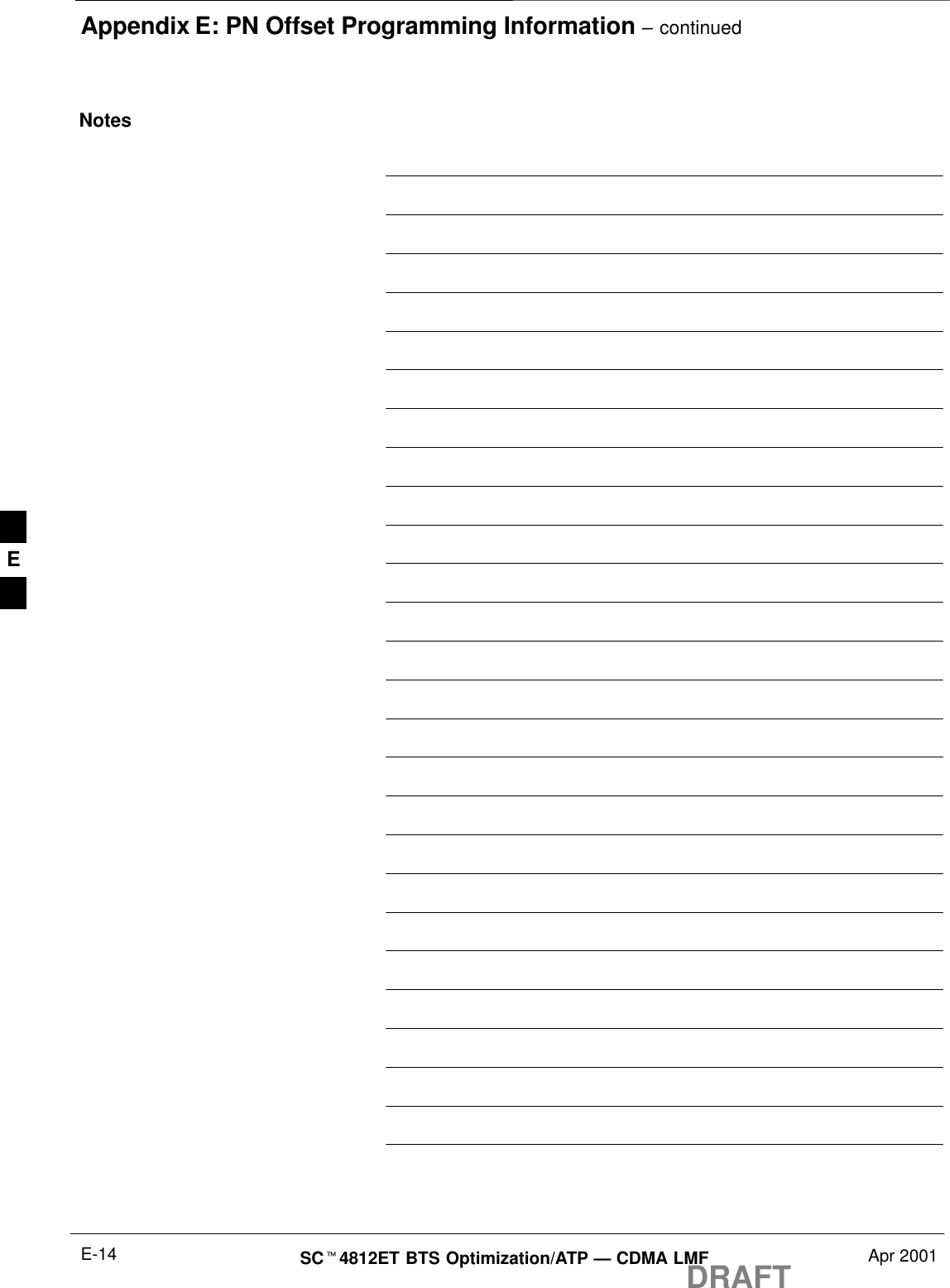 Appendix E: PN Offset Programming Information – continuedDRAFTSCt4812ET BTS Optimization/ATP — CDMA LMF Apr 2001E-14NotesE