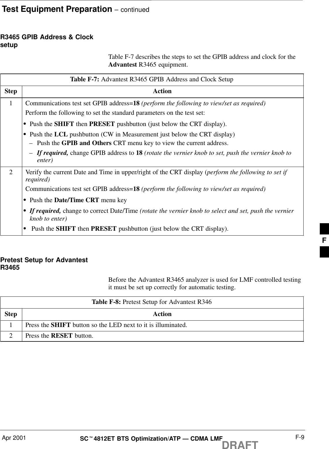 Test Equipment Preparation – continuedApr 2001 F-9SCt4812ET BTS Optimization/ATP — CDMA LMFDRAFTR3465 GPIB Address &amp; ClocksetupTable F-7 describes the steps to set the GPIB address and clock for theAdvantest R3465 equipment.Table F-7: Advantest R3465 GPIB Address and Clock SetupStep Action1Communications test set GPIB address=18 (perform the following to view/set as required)Perform the following to set the standard parameters on the test set:SPush the SHIFT then PRESET pushbutton (just below the CRT display).SPush the LCL pushbutton (CW in Measurement just below the CRT display)–Push the GPIB and Others CRT menu key to view the current address.–If required, change GPIB address to 18 (rotate the vernier knob to set, push the vernier knob toenter)2Verify the current Date and Time in upper/right of the CRT display (perform the following to set ifrequired)Communications test set GPIB address=18 (perform the following to view/set as required)SPush the Date/Time CRT menu keySIf required, change to correct Date/Time (rotate the vernier knob to select and set, push the vernierknob to enter)S Push the SHIFT then PRESET pushbutton (just below the CRT display). Pretest Setup for AdvantestR3465Before the Advantest R3465 analyzer is used for LMF controlled testingit must be set up correctly for automatic testing.Table F-8: Pretest Setup for Advantest R346Step Action1Press the SHIFT button so the LED next to it is illuminated.2Press the RESET button.F