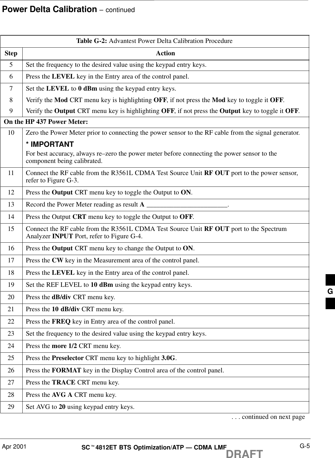 Power Delta Calibration – continuedApr 2001 G-5SCt4812ET BTS Optimization/ATP — CDMA LMFDRAFTTable G-2: Advantest Power Delta Calibration ProcedureStep Action5Set the frequency to the desired value using the keypad entry keys.6Press the LEVEL key in the Entry area of the control panel.7Set the LEVEL to 0 dBm using the keypad entry keys.8Verify the Mod CRT menu key is highlighting OFF, if not press the Mod key to toggle it OFF.9Verify the Output CRT menu key is highlighting OFF, if not press the Output key to toggle it OFF.On the HP 437 Power Meter:10 Zero the Power Meter prior to connecting the power sensor to the RF cable from the signal generator.* IMPORTANTFor best accuracy, always re–zero the power meter before connecting the power sensor to thecomponent being calibrated.11 Connect the RF cable from the R3561L CDMA Test Source Unit RF OUT port to the power sensor,refer to Figure G-3.12 Press the Output CRT menu key to toggle the Output to ON.13 Record the Power Meter reading as result A ________________________.14 Press the Output CRT menu key to toggle the Output to OFF.15 Connect the RF cable from the R3561L CDMA Test Source Unit RF OUT port to the SpectrumAnalyzer INPUT Port, refer to Figure G-4.16 Press the Output CRT menu key to change the Output to ON.17 Press the CW key in the Measurement area of the control panel.18 Press the LEVEL key in the Entry area of the control panel.19 Set the REF LEVEL to 10 dBm using the keypad entry keys.20 Press the dB/div CRT menu key.21 Press the 10 dB/div CRT menu key.22 Press the FREQ key in Entry area of the control panel.23 Set the frequency to the desired value using the keypad entry keys.24 Press the more 1/2 CRT menu key.25 Press the Preselector CRT menu key to highlight 3.0G.26 Press the FORMAT key in the Display Control area of the control panel.27 Press the TRACE CRT menu key.28 Press the AVG A CRT menu key.29 Set AVG to 20 using keypad entry keys.. . . continued on next pageG