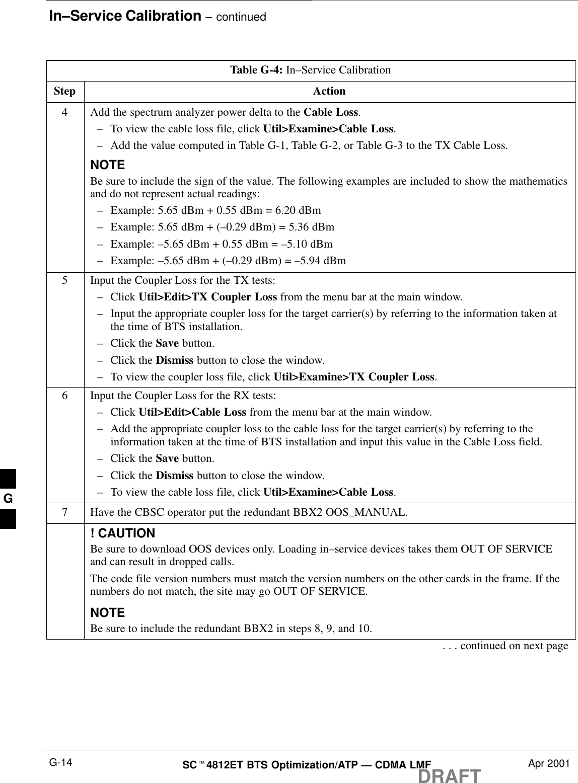 In–Service Calibration – continuedDRAFTSCt4812ET BTS Optimization/ATP — CDMA LMF Apr 2001G-14Table G-4: In–Service CalibrationStep Action4Add the spectrum analyzer power delta to the Cable Loss.–To view the cable loss file, click Util&gt;Examine&gt;Cable Loss.–Add the value computed in Table G-1, Table G-2, or Table G-3 to the TX Cable Loss.NOTEBe sure to include the sign of the value. The following examples are included to show the mathematicsand do not represent actual readings:–Example: 5.65 dBm + 0.55 dBm = 6.20 dBm–Example: 5.65 dBm + (–0.29 dBm) = 5.36 dBm–Example: –5.65 dBm + 0.55 dBm = –5.10 dBm–Example: –5.65 dBm + (–0.29 dBm) = –5.94 dBm5Input the Coupler Loss for the TX tests:–Click Util&gt;Edit&gt;TX Coupler Loss from the menu bar at the main window.–Input the appropriate coupler loss for the target carrier(s) by referring to the information taken atthe time of BTS installation.–Click the Save button.–Click the Dismiss button to close the window.–To view the coupler loss file, click Util&gt;Examine&gt;TX Coupler Loss.6Input the Coupler Loss for the RX tests:–Click Util&gt;Edit&gt;Cable Loss from the menu bar at the main window.–Add the appropriate coupler loss to the cable loss for the target carrier(s) by referring to theinformation taken at the time of BTS installation and input this value in the Cable Loss field.–Click the Save button.–Click the Dismiss button to close the window.–To view the cable loss file, click Util&gt;Examine&gt;Cable Loss.7Have the CBSC operator put the redundant BBX2 OOS_MANUAL.! CAUTIONBe sure to download OOS devices only. Loading in–service devices takes them OUT OF SERVICEand can result in dropped calls.The code file version numbers must match the version numbers on the other cards in the frame. If thenumbers do not match, the site may go OUT OF SERVICE.NOTEBe sure to include the redundant BBX2 in steps 8, 9, and 10.. . . continued on next pageG