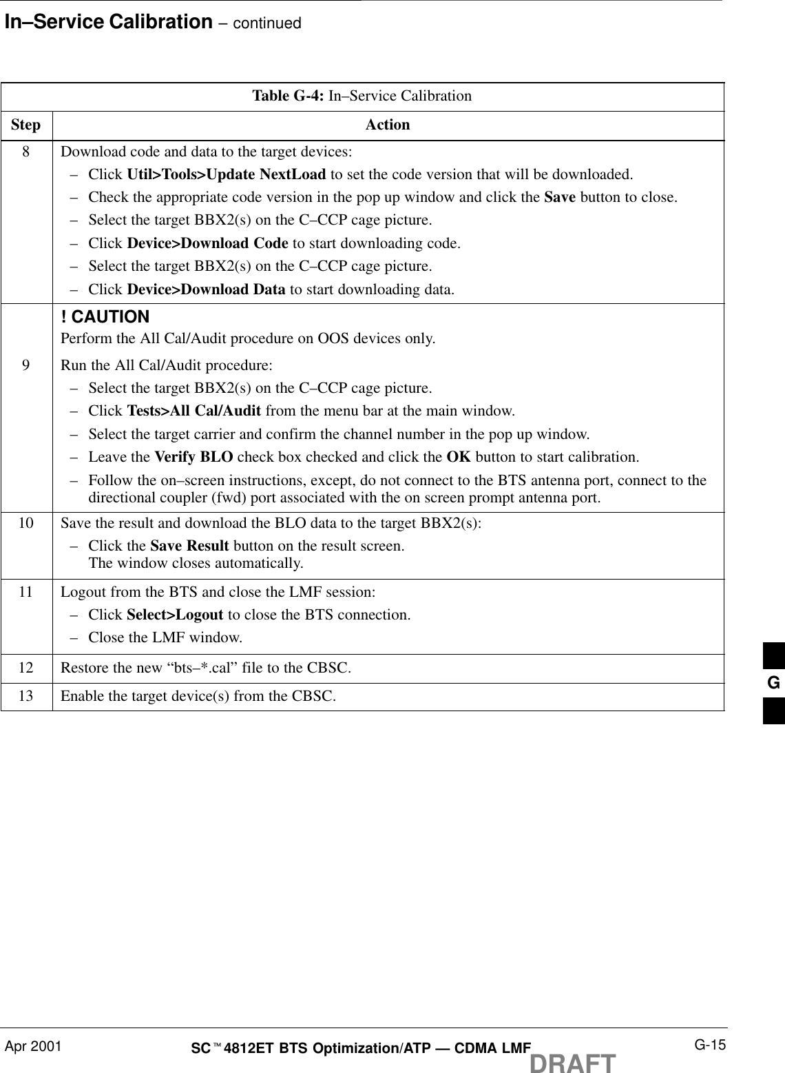 In–Service Calibration – continuedApr 2001 G-15SCt4812ET BTS Optimization/ATP — CDMA LMFDRAFTTable G-4: In–Service CalibrationStep Action8Download code and data to the target devices:–Click Util&gt;Tools&gt;Update NextLoad to set the code version that will be downloaded.–Check the appropriate code version in the pop up window and click the Save button to close.–Select the target BBX2(s) on the C–CCP cage picture.–Click Device&gt;Download Code to start downloading code.–Select the target BBX2(s) on the C–CCP cage picture.–Click Device&gt;Download Data to start downloading data.! CAUTIONPerform the All Cal/Audit procedure on OOS devices only.9Run the All Cal/Audit procedure:–Select the target BBX2(s) on the C–CCP cage picture.–Click Tests&gt;All Cal/Audit from the menu bar at the main window.–Select the target carrier and confirm the channel number in the pop up window.–Leave the Verify BLO check box checked and click the OK button to start calibration.–Follow the on–screen instructions, except, do not connect to the BTS antenna port, connect to thedirectional coupler (fwd) port associated with the on screen prompt antenna port.10 Save the result and download the BLO data to the target BBX2(s):–Click the Save Result button on the result screen.The window closes automatically.11 Logout from the BTS and close the LMF session:–Click Select&gt;Logout to close the BTS connection.–Close the LMF window.12 Restore the new “bts–*.cal” file to the CBSC.13 Enable the target device(s) from the CBSC. G