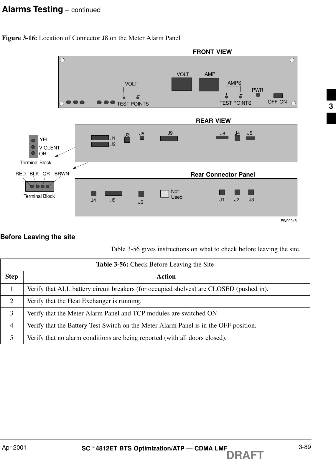 Alarms Testing – continuedApr 2001 3-89SCt4812ET BTS Optimization/ATP — CDMA LMFDRAFTFigure 3-16: Location of Connector J8 on the Meter Alarm PanelOFFVOLTVOLT–+TEST POINTSAMPS–+TEST POINTSAMPPWRONREDYELBLKORVIOLENTOR BRWNTerminal BlockFRONT VIEWJ9J1J2J3 J8 J5J6 J4REAR VIEWTerminal BlockJ1 J2NotUsedJ6J5 J3Rear Connector PanelJ4FW00245Before Leaving the siteTable 3-56 gives instructions on what to check before leaving the site.Table 3-56: Check Before Leaving the SiteStep Action1Verify that ALL battery circuit breakers (for occupied shelves) are CLOSED (pushed in).2Verify that the Heat Exchanger is running.3Verify that the Meter Alarm Panel and TCP modules are switched ON.4Verify that the Battery Test Switch on the Meter Alarm Panel is in the OFF position.5Verify that no alarm conditions are being reported (with all doors closed).3