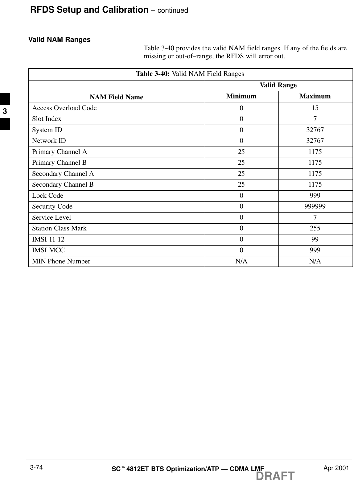 RFDS Setup and Calibration – continuedDRAFTSCt4812ET BTS Optimization/ATP — CDMA LMF Apr 20013-74Valid NAM Ranges Table 3-40 provides the valid NAM field ranges. If any of the fields aremissing or out-of–range, the RFDS will error out.Table 3-40: Valid NAM Field RangesValid RangeNAM Field Name Minimum MaximumAccess Overload Code 0 15Slot Index 0 7System ID 0 32767Network ID 0 32767Primary Channel A 25 1175Primary Channel B 25 1175Secondary Channel A 25 1175Secondary Channel B 25 1175Lock Code 0 999Security Code 0 999999Service Level 0 7Station Class Mark 0 255IMSI 11 12 0 99IMSI MCC 0 999MIN Phone Number N/A N/A3