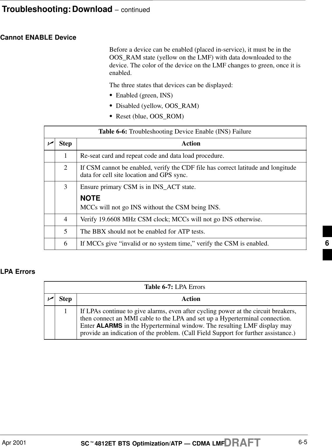 Troubleshooting: Download – continuedApr 2001 6-5SCt4812ET BTS Optimization/ATP — CDMA LMFDRAFTCannot ENABLE DeviceBefore a device can be enabled (placed in-service), it must be in theOOS_RAM state (yellow on the LMF) with data downloaded to thedevice. The color of the device on the LMF changes to green, once it isenabled.The three states that devices can be displayed:SEnabled (green, INS)SDisabled (yellow, OOS_RAM)SReset (blue, OOS_ROM)Table 6-6: Troubleshooting Device Enable (INS) FailurenStep Action1Re-seat card and repeat code and data load procedure.2If CSM cannot be enabled, verify the CDF file has correct latitude and longitudedata for cell site location and GPS sync.3Ensure primary CSM is in INS_ACT state.NOTEMCCs will not go INS without the CSM being INS.4Verify 19.6608 MHz CSM clock; MCCs will not go INS otherwise.5The BBX should not be enabled for ATP tests.6If MCCs give “invalid or no system time,” verify the CSM is enabled. LPA ErrorsTable 6-7: LPA ErrorsnStep Action1If LPAs continue to give alarms, even after cycling power at the circuit breakers,then connect an MMI cable to the LPA and set up a Hyperterminal connection.Enter ALARMS in the Hyperterminal window. The resulting LMF display mayprovide an indication of the problem. (Call Field Support for further assistance.)6