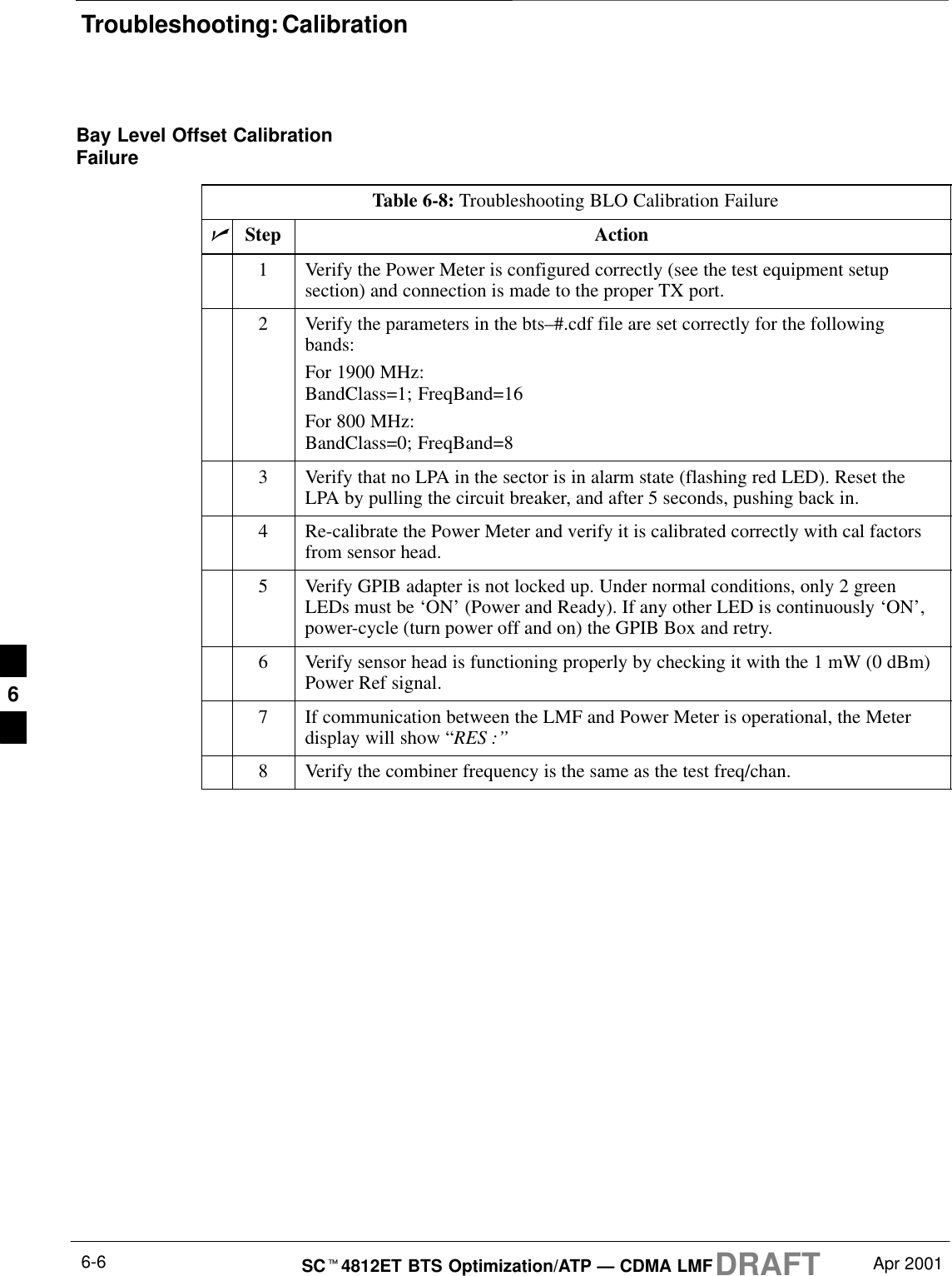 Troubleshooting: CalibrationDRAFTSCt4812ET BTS Optimization/ATP — CDMA LMF Apr 20016-6Bay Level Offset CalibrationFailureTable 6-8: Troubleshooting BLO Calibration FailurenStep Action1Verify the Power Meter is configured correctly (see the test equipment setupsection) and connection is made to the proper TX port.2Verify the parameters in the bts–#.cdf file are set correctly for the followingbands:For 1900 MHz:BandClass=1; FreqBand=16For 800 MHz:BandClass=0; FreqBand=83Verify that no LPA in the sector is in alarm state (flashing red LED). Reset theLPA by pulling the circuit breaker, and after 5 seconds, pushing back in.4Re-calibrate the Power Meter and verify it is calibrated correctly with cal factorsfrom sensor head.5Verify GPIB adapter is not locked up. Under normal conditions, only 2 greenLEDs must be ‘ON’ (Power and Ready). If any other LED is continuously ‘ON’,power-cycle (turn power off and on) the GPIB Box and retry.6Verify sensor head is functioning properly by checking it with the 1 mW (0 dBm)Power Ref signal.7If communication between the LMF and Power Meter is operational, the Meterdisplay will show “RES :’’8Verify the combiner frequency is the same as the test freq/chan. 6