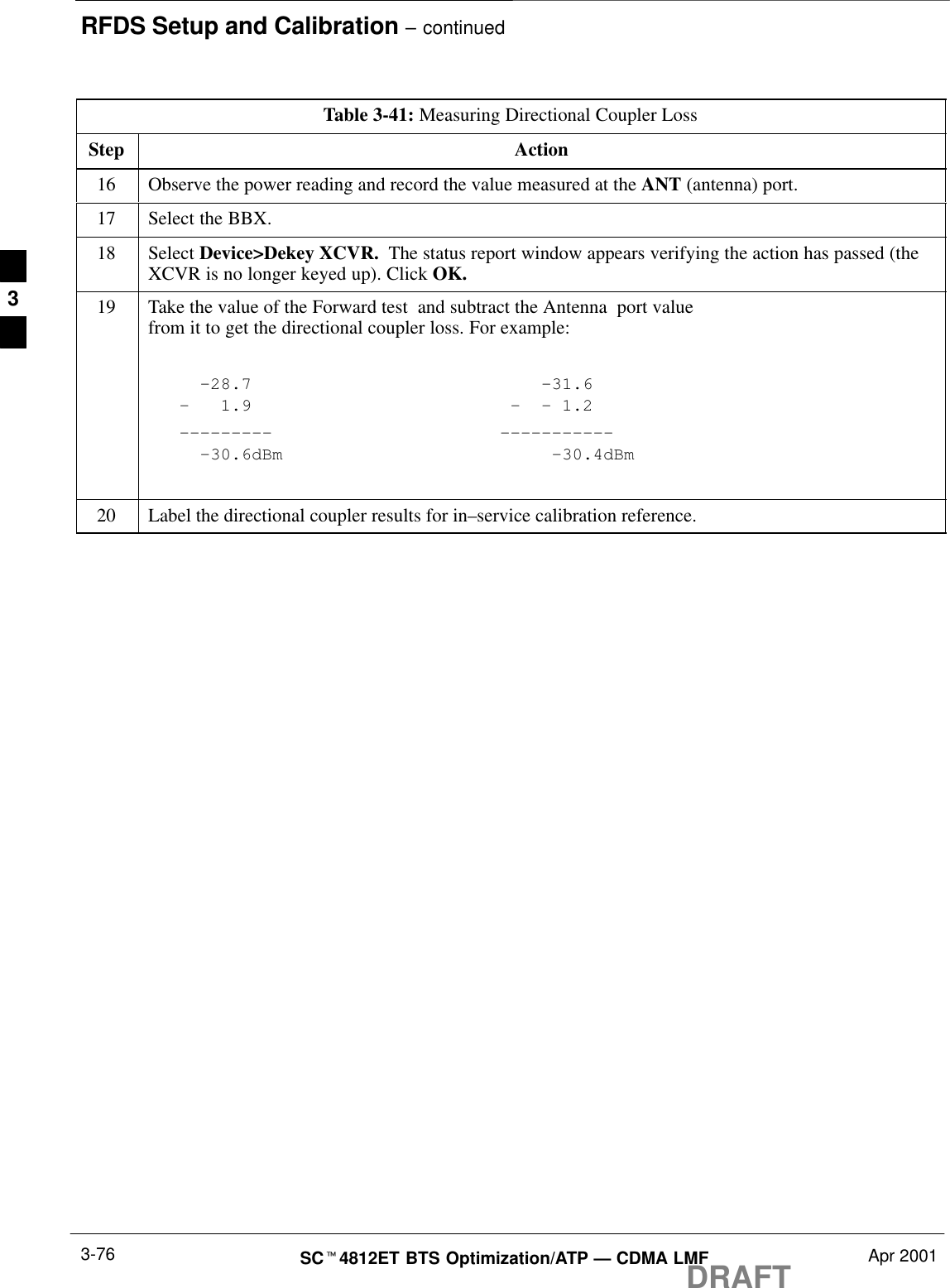 RFDS Setup and Calibration – continuedDRAFTSCt4812ET BTS Optimization/ATP — CDMA LMF Apr 20013-76Table 3-41: Measuring Directional Coupler LossStep Action16 Observe the power reading and record the value measured at the ANT (antenna) port.17 Select the BBX.18 Select Device&gt;Dekey XCVR.  The status report window appears verifying the action has passed (theXCVR is no longer keyed up). Click OK.19 Take the value of the Forward test  and subtract the Antenna  port valuefrom it to get the directional coupler loss. For example:     –28.7                            –31.6               –   1.9                         –  – 1.2   –––––––––                      –––––––––––     –30.6dBm                          –30.4dBm20 Label the directional coupler results for in–service calibration reference. 3