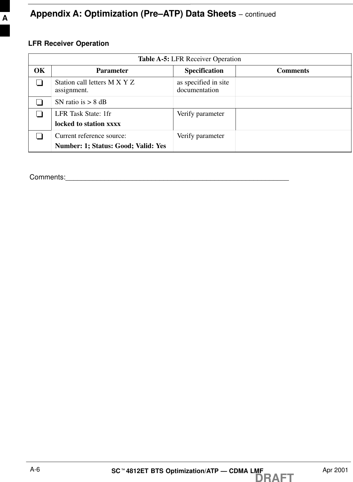 Appendix A: Optimization (Pre–ATP) Data Sheets – continuedDRAFTSCt4812ET BTS Optimization/ATP — CDMA LMF Apr 2001A-6LFR Receiver OperationTable A-5: LFR Receiver OperationOK Parameter Specification Comments-Station call letters M X Y Zassignment. as specified in sitedocumentation-SN ratio is &gt; 8 dB-LFR Task State: 1frlocked to station xxxxVerify parameter-Current reference source:Number: 1; Status: Good; Valid: YesVerify parameterComments:_________________________________________________________A