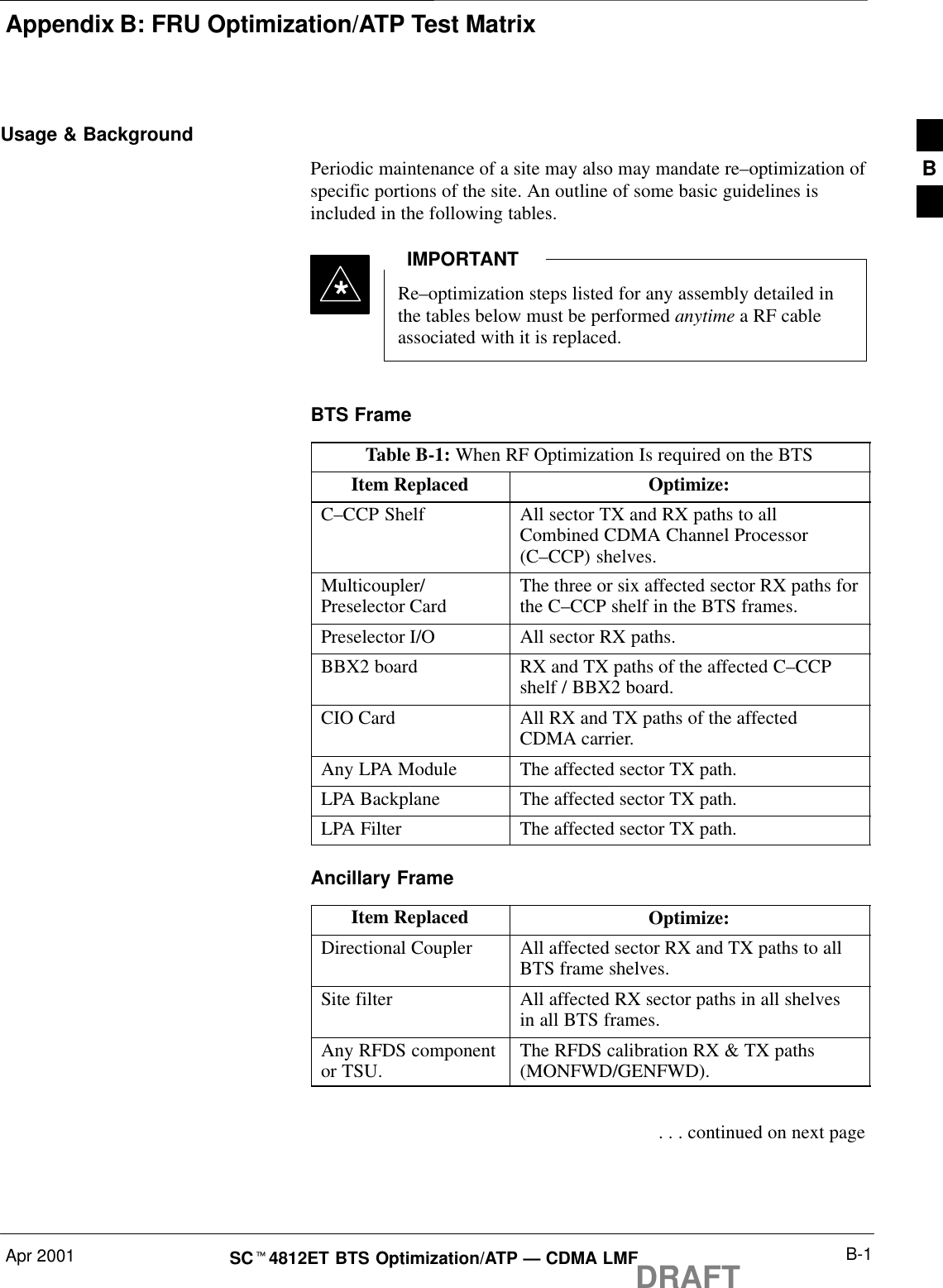 Appendix B: FRU Optimization/ATP Test MatrixApr 2001 B-1SCt4812ET BTS Optimization/ATP — CDMA LMFDRAFTUsage &amp; BackgroundPeriodic maintenance of a site may also may mandate re–optimization ofspecific portions of the site. An outline of some basic guidelines isincluded in the following tables.Re–optimization steps listed for any assembly detailed inthe tables below must be performed anytime a RF cableassociated with it is replaced.IMPORTANT*BTS FrameTable B-1: When RF Optimization Is required on the BTSItem Replaced Optimize:C–CCP Shelf All sector TX and RX paths to allCombined CDMA Channel Processor(C–CCP) shelves.Multicoupler/Preselector Card The three or six affected sector RX paths forthe C–CCP shelf in the BTS frames.Preselector I/O All sector RX paths.BBX2 board RX and TX paths of the affected C–CCPshelf / BBX2 board.CIO Card All RX and TX paths of the affectedCDMA carrier.Any LPA Module The affected sector TX path.LPA Backplane The affected sector TX path.LPA Filter The affected sector TX path.Ancillary Frame Item Replaced Optimize:Directional Coupler All affected sector RX and TX paths to allBTS frame shelves.Site filter All affected RX sector paths in all shelvesin all BTS frames.Any RFDS componentor TSU. The RFDS calibration RX &amp; TX paths(MONFWD/GENFWD). . . . continued on next pageB