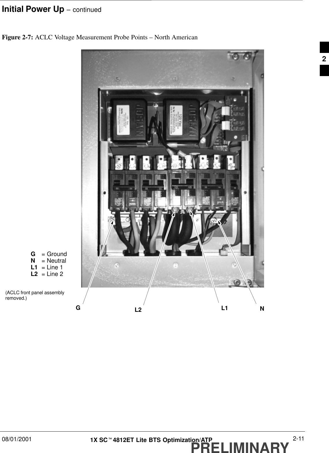 Initial Power Up – continued08/01/2001 2-111X SCt4812ET Lite BTS Optimization/ATPPRELIMINARYFigure 2-7: ACLC Voltage Measurement Probe Points – North AmericanG= GroundN  = NeutralL1 = Line 1L2 = Line 2GNL2 L1(ACLC front panel assemblyremoved.)2