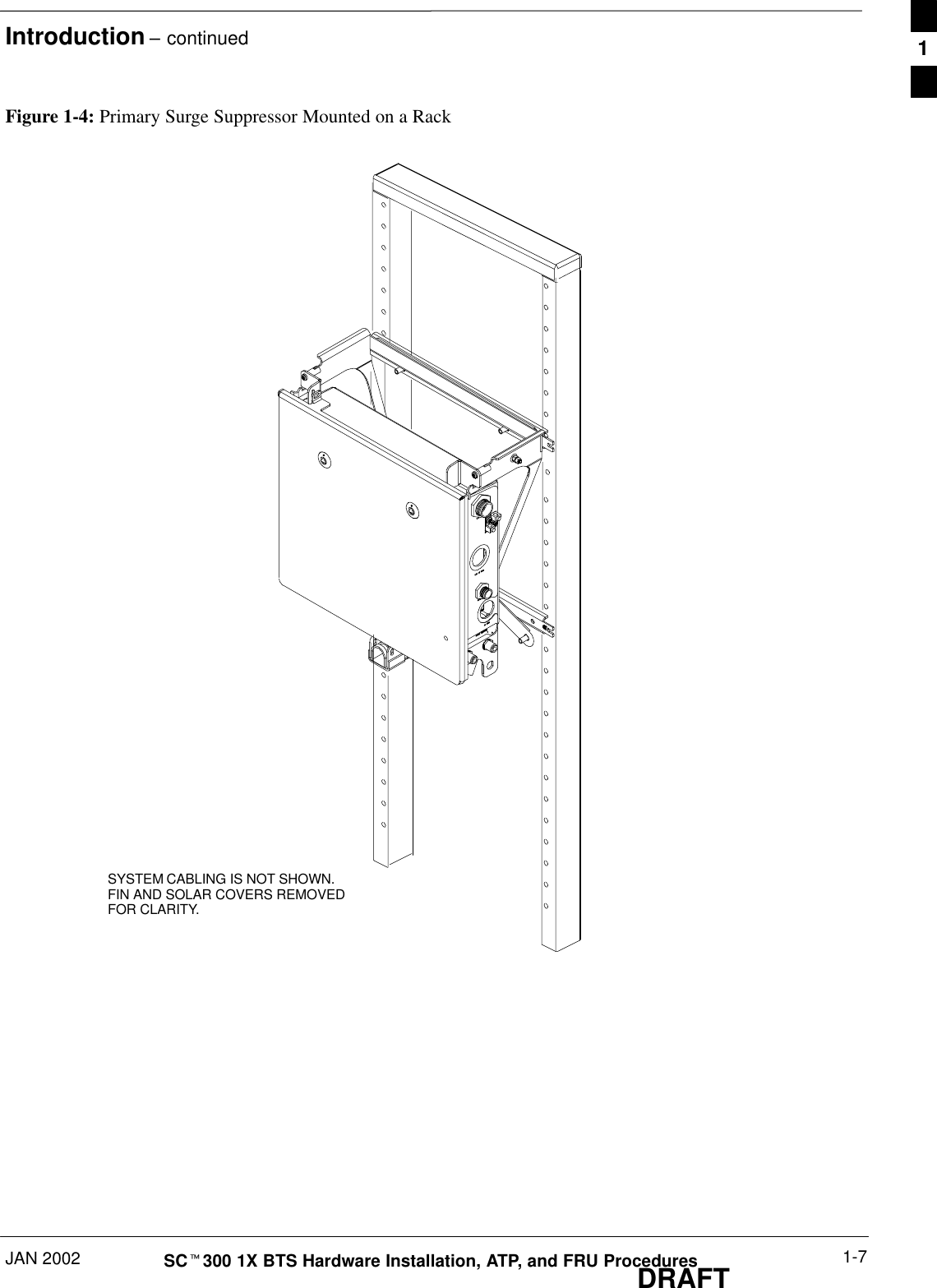 Introduction – continuedJAN 2002 1-7SCt300 1X BTS Hardware Installation, ATP, and FRU ProceduresDRAFTFigure 1-4: Primary Surge Suppressor Mounted on a RackSYSTEM CABLING IS NOT SHOWN.FIN AND SOLAR COVERS REMOVEDFOR CLARITY.1