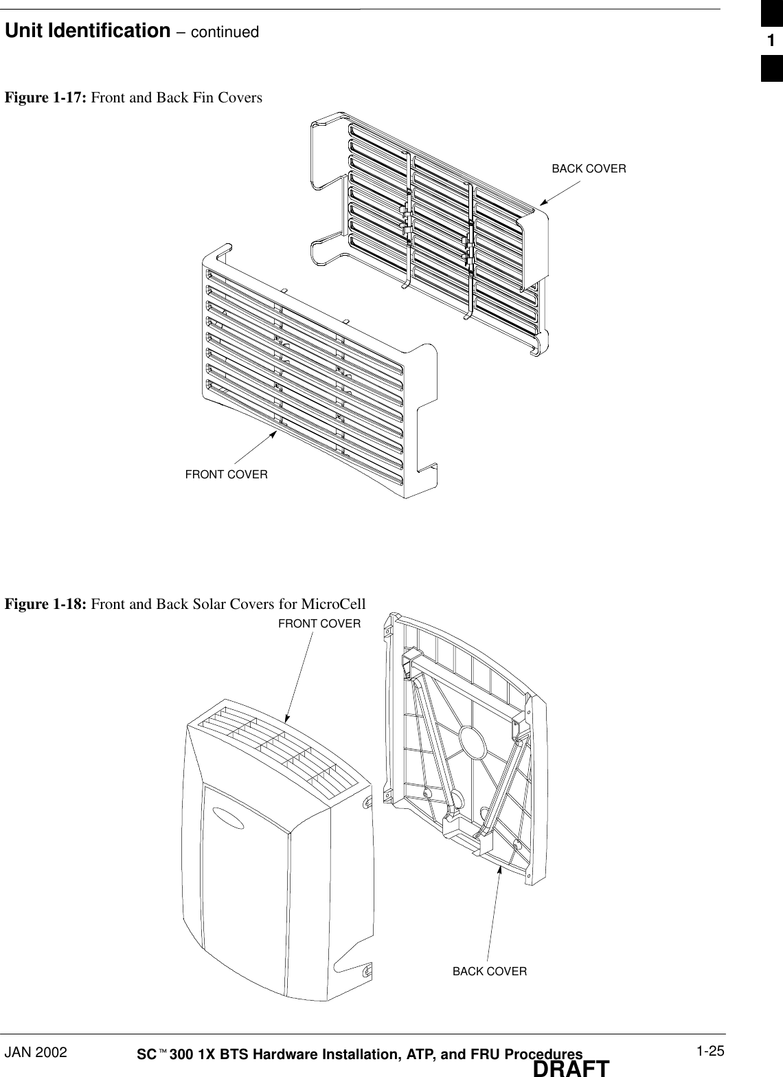 Unit Identification – continuedJAN 2002 1-25SCt300 1X BTS Hardware Installation, ATP, and FRU ProceduresDRAFTFigure 1-17: Front and Back Fin CoversBACK COVERFRONT COVERFigure 1-18: Front and Back Solar Covers for MicroCell FRONT COVERBACK COVER1