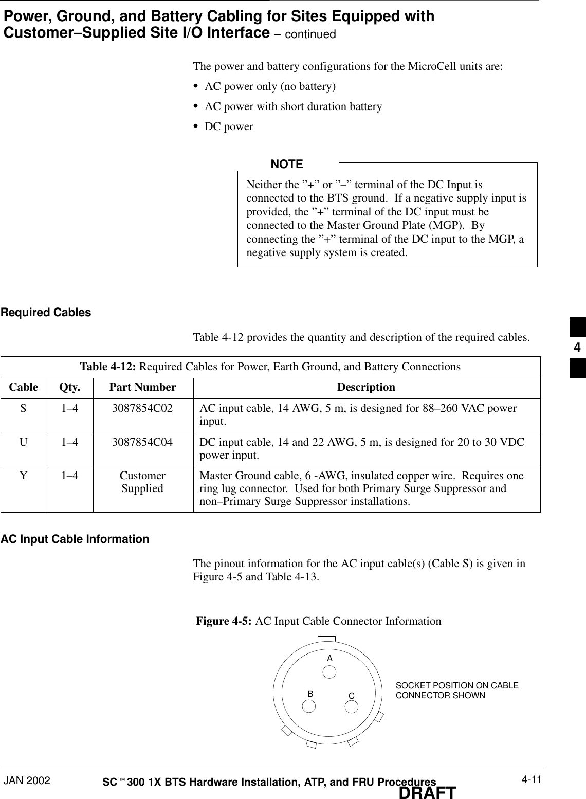 Power, Ground, and Battery Cabling for Sites Equipped withCustomer–Supplied Site I/O Interface – continuedJAN 2002 4-11SCt300 1X BTS Hardware Installation, ATP, and FRU ProceduresDRAFTThe power and battery configurations for the MicroCell units are:SAC power only (no battery)SAC power with short duration batterySDC powerNeither the ”+” or ”–” terminal of the DC Input isconnected to the BTS ground.  If a negative supply input isprovided, the ”+” terminal of the DC input must beconnected to the Master Ground Plate (MGP).  Byconnecting the ”+” terminal of the DC input to the MGP, anegative supply system is created.NOTERequired CablesTable 4-12 provides the quantity and description of the required cables.Table 4-12: Required Cables for Power, Earth Ground, and Battery ConnectionsCable Qty. Part Number DescriptionS 1–4 3087854C02 AC input cable, 14 AWG, 5 m, is designed for 88–260 VAC powerinput.U 1–4 3087854C04 DC input cable, 14 and 22 AWG, 5 m, is designed for 20 to 30 VDCpower input.Y 1–4 CustomerSupplied Master Ground cable, 6 -AWG, insulated copper wire.  Requires onering lug connector.  Used for both Primary Surge Suppressor andnon–Primary Surge Suppressor installations.AC Input Cable InformationThe pinout information for the AC input cable(s) (Cable S) is given inFigure 4-5 and Table 4-13.Figure 4-5: AC Input Cable Connector InformationABCSOCKET POSITION ON CABLECONNECTOR SHOWN4