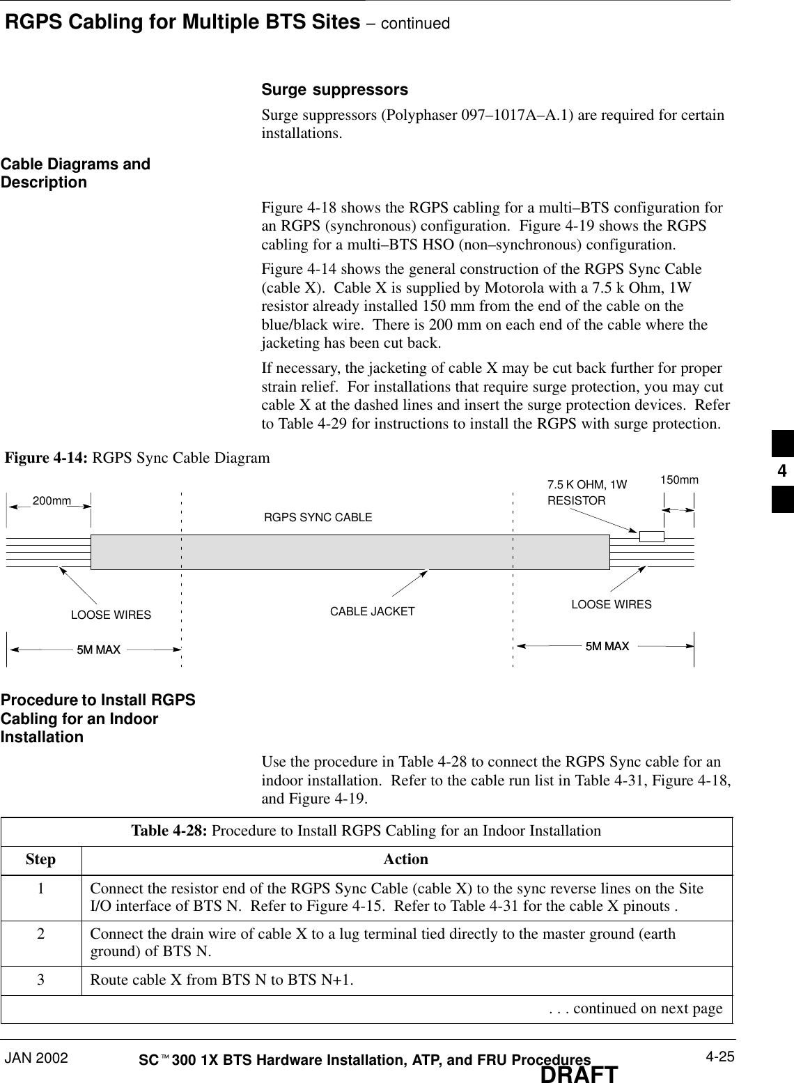 RGPS Cabling for Multiple BTS Sites – continuedJAN 2002 4-25SCt300 1X BTS Hardware Installation, ATP, and FRU ProceduresDRAFTSurge suppressorsSurge suppressors (Polyphaser 097–1017A–A.1) are required for certaininstallations.Cable Diagrams andDescriptionFigure 4-18 shows the RGPS cabling for a multi–BTS configuration foran RGPS (synchronous) configuration.  Figure 4-19 shows the RGPScabling for a multi–BTS HSO (non–synchronous) configuration.Figure 4-14 shows the general construction of the RGPS Sync Cable(cable X).  Cable X is supplied by Motorola with a 7.5 k Ohm, 1Wresistor already installed 150 mm from the end of the cable on theblue/black wire.  There is 200 mm on each end of the cable where thejacketing has been cut back.If necessary, the jacketing of cable X may be cut back further for properstrain relief.  For installations that require surge protection, you may cutcable X at the dashed lines and insert the surge protection devices.  Referto Table 4-29 for instructions to install the RGPS with surge protection.Figure 4-14: RGPS Sync Cable Diagram7.5 K OHM, 1WRESISTORRGPS SYNC CABLELOOSE WIRES LOOSE WIRESCABLE JACKET200mm150mm5M MAX5M MAX 5M MAX5M MAXProcedure to Install RGPSCabling for an IndoorInstallationUse the procedure in Table 4-28 to connect the RGPS Sync cable for anindoor installation.  Refer to the cable run list in Table 4-31, Figure 4-18,and Figure 4-19.Table 4-28: Procedure to Install RGPS Cabling for an Indoor InstallationStep Action1Connect the resistor end of the RGPS Sync Cable (cable X) to the sync reverse lines on the SiteI/O interface of BTS N.  Refer to Figure 4-15.  Refer to Table 4-31 for the cable X pinouts .2Connect the drain wire of cable X to a lug terminal tied directly to the master ground (earthground) of BTS N.3Route cable X from BTS N to BTS N+1. . . . continued on next page4