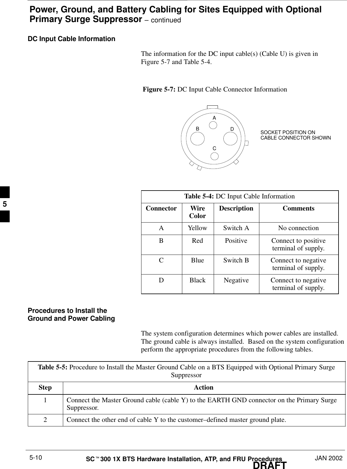 Power, Ground, and Battery Cabling for Sites Equipped with OptionalPrimary Surge Suppressor – continuedDRAFTSCt300 1X BTS Hardware Installation, ATP, and FRU Procedures JAN 20025-10DC Input Cable InformationThe information for the DC input cable(s) (Cable U) is given inFigure 5-7 and Table 5-4.Figure 5-7: DC Input Cable Connector InformationABCDSOCKET POSITION ONCABLE CONNECTOR SHOWNTable 5-4: DC Input Cable InformationConnector WireColor Description CommentsA Yellow Switch A No connectionB Red Positive Connect to positiveterminal of supply.C Blue Switch B Connect to negativeterminal of supply.D Black Negative Connect to negativeterminal of supply.Procedures to Install theGround and Power CablingThe system configuration determines which power cables are installed.The ground cable is always installed.  Based on the system configurationperform the appropriate procedures from the following tables.Table 5-5: Procedure to Install the Master Ground Cable on a BTS Equipped with Optional Primary SurgeSuppressorStep Action1Connect the Master Ground cable (cable Y) to the EARTH GND connector on the Primary SurgeSuppressor.2Connect the other end of cable Y to the customer–defined master ground plate.5