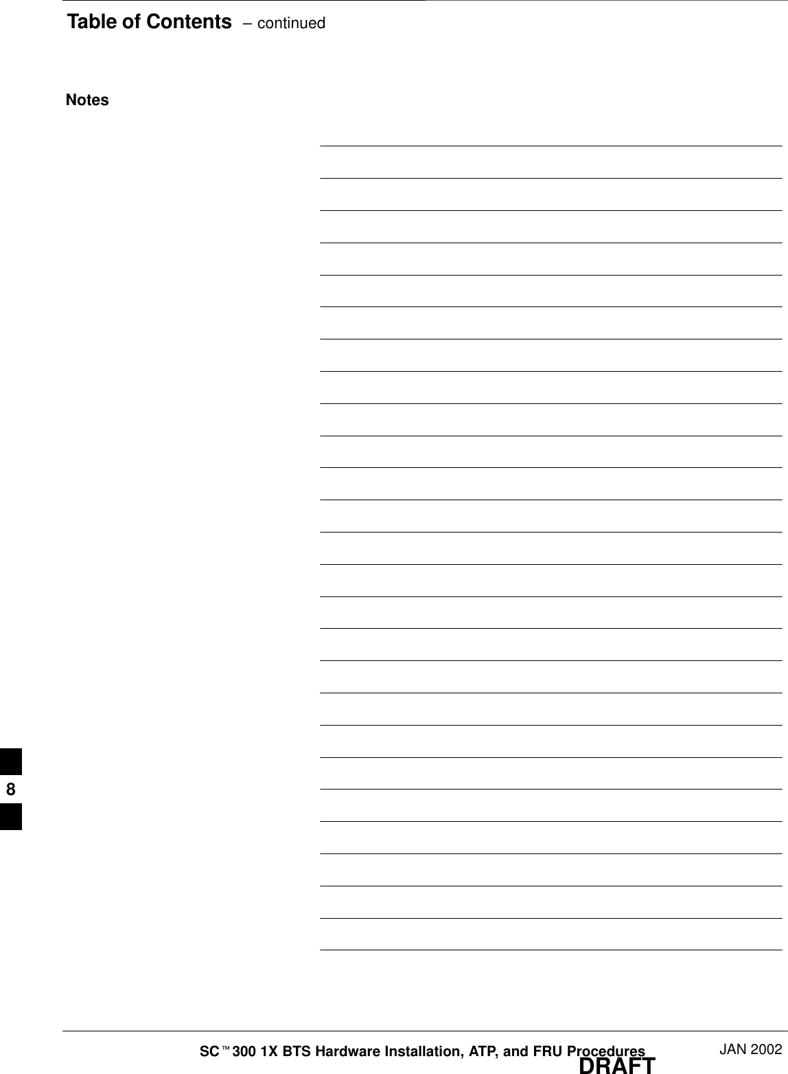 Table of Contents  – continuedDRAFTSCt300 1X BTS Hardware Installation, ATP, and FRU Procedures JAN 2002Notes8