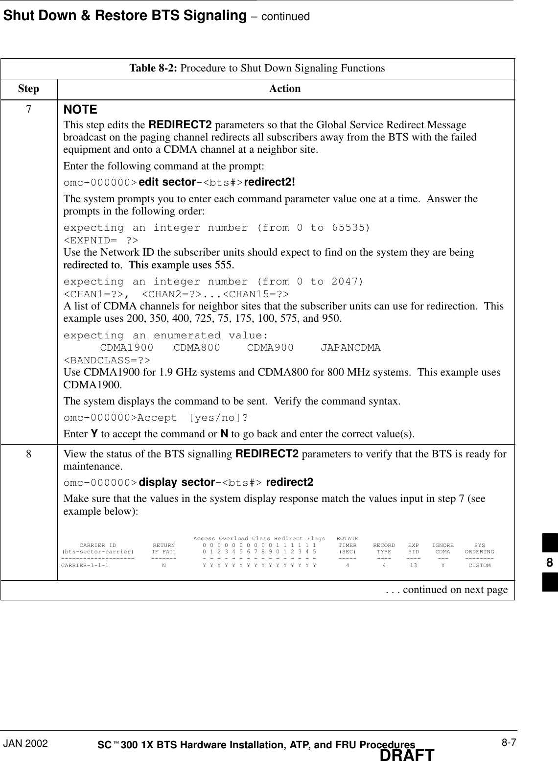 Shut Down &amp; Restore BTS Signaling – continuedJAN 2002 8-7SCt300 1X BTS Hardware Installation, ATP, and FRU ProceduresDRAFTTable 8-2: Procedure to Shut Down Signaling FunctionsStep Action7NOTEThis step edits the REDIRECT2 parameters so that the Global Service Redirect Messagebroadcast on the paging channel redirects all subscribers away from the BTS with the failedequipment and onto a CDMA channel at a neighbor site.Enter the following command at the prompt:omc–000000&gt;edit sector–&lt;bts#&gt;redirect2!The system prompts you to enter each command parameter value one at a time.  Answer theprompts in the following order:expecting an integer number (from 0 to 65535)&lt;EXPNID= ?&gt;Use the Network ID the subscriber units should expect to find on the system they are beingredirected to.  This example uses 555.redirected to.  This example uses 555.expecting an integer number (from 0 to 2047)&lt;CHAN1=?&gt;, &lt;CHAN2=?&gt;...&lt;CHAN15=?&gt;A list of CDMA channels for neighbor sites that the subscriber units can use for redirection.  Thisexample uses 200, 350, 400, 725, 75, 175, 100, 575, and 950.expecting an enumerated value:CDMA1900 CDMA800 CDMA900 JAPANCDMA&lt;BANDCLASS=?&gt;Use CDMA1900 for 1.9 GHz systems and CDMA800 for 800 MHz systems.  This example usesCDMA1900.The system displays the command to be sent.  Verify the command syntax.omc–000000&gt;Accept  [yes/no]?Enter Y to accept the command or N to go back and enter the correct value(s).8View the status of the BTS signalling REDIRECT2 parameters to verify that the BTS is ready formaintenance.omc–000000&gt;display sector–&lt;bts#&gt; redirect2Make sure that the values in the system display response match the values input in step 7 (seeexample below):Access Overload Class Redirect Flags ROTATECARRIER ID RETURN 0 0 0 0 0 0 0 0 0 0 1 1 1 1 1 1 TIMER RECORD EXP IGNORE SYS(bts–sector–carrier) IF FAIL 0 1 2 3 4 5 6 7 8 9 0 1 2 3 4 5 (SEC) TYPE SID CDMA ORDERING–––––––––––––––––––– ––––––– – – – – – – – – – – – – – – – – ––––– –––– –––– ––– ––––––––CARRIER–1–1–1 N Y Y Y Y Y Y Y Y Y Y Y Y Y Y Y Y 4 4 13 Y CUSTOM . . . continued on next page8