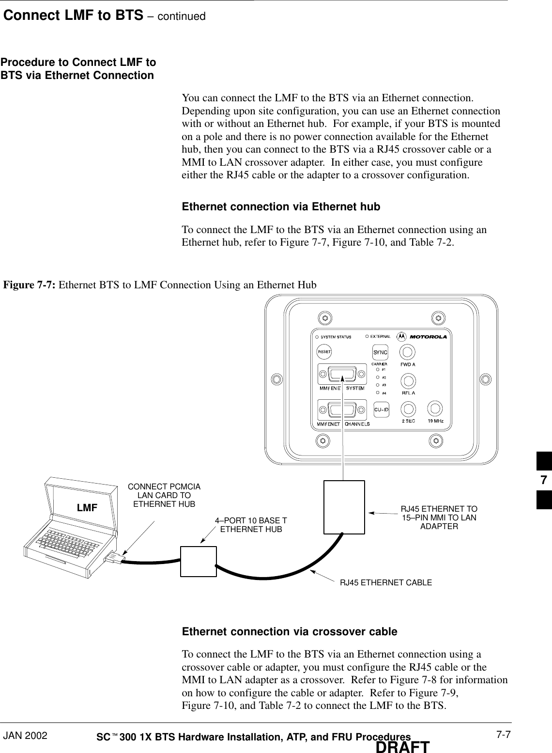 Connect LMF to BTS – continuedJAN 2002 7-7SCt300 1X BTS Hardware Installation, ATP, and FRU ProceduresDRAFTProcedure to Connect LMF toBTS via Ethernet ConnectionYou can connect the LMF to the BTS via an Ethernet connection.Depending upon site configuration, you can use an Ethernet connectionwith or without an Ethernet hub.  For example, if your BTS is mountedon a pole and there is no power connection available for the Ethernethub, then you can connect to the BTS via a RJ45 crossover cable or aMMI to LAN crossover adapter.  In either case, you must configureeither the RJ45 cable or the adapter to a crossover configuration.Ethernet connection via Ethernet hubTo connect the LMF to the BTS via an Ethernet connection using anEthernet hub, refer to Figure 7-7, Figure 7-10, and Table 7-2.Figure 7-7: Ethernet BTS to LMF Connection Using an Ethernet HubLMF4–PORT 10 BASE TETHERNET HUBCONNECT PCMCIALAN CARD TOETHERNET HUB RJ45 ETHERNET TO15–PIN MMI TO LANADAPTERRJ45 ETHERNET CABLEEthernet connection via crossover cableTo connect the LMF to the BTS via an Ethernet connection using acrossover cable or adapter, you must configure the RJ45 cable or theMMI to LAN adapter as a crossover.  Refer to Figure 7-8 for informationon how to configure the cable or adapter.  Refer to Figure 7-9,Figure 7-10, and Table 7-2 to connect the LMF to the BTS.7