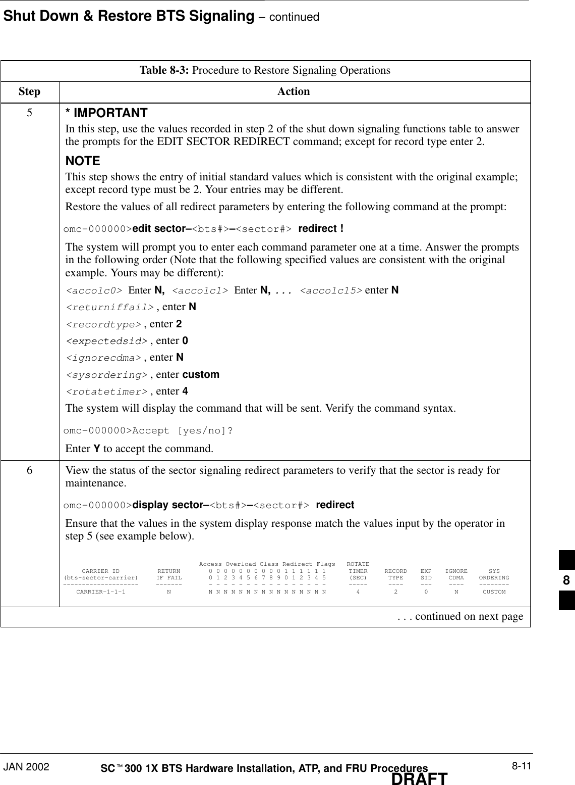 Shut Down &amp; Restore BTS Signaling – continuedJAN 2002 8-11SCt300 1X BTS Hardware Installation, ATP, and FRU ProceduresDRAFTTable 8-3: Procedure to Restore Signaling OperationsStep Action5* IMPORTANTIn this step, use the values recorded in step 2 of the shut down signaling functions table to answerthe prompts for the EDIT SECTOR REDIRECT command; except for record type enter 2.NOTEThis step shows the entry of initial standard values which is consistent with the original example;except record type must be 2. Your entries may be different.Restore the values of all redirect parameters by entering the following command at the prompt:omc–000000&gt;edit sector–&lt;bts#&gt;–&lt;sector#&gt; redirect !The system will prompt you to enter each command parameter one at a time. Answer the promptsin the following order (Note that the following specified values are consistent with the originalexample. Yours may be different):&lt;accolc0&gt; Enter N, &lt;accolc1&gt; Enter N, ... &lt;accolc15&gt; enter N&lt;returniffail&gt; , enter N&lt;recordtype&gt; , enter 2&lt;expe tedsid&gt;&lt;expectedsid&gt; , enter 0&lt;ignorecdma&gt; , enter N&lt;sysordering&gt; , enter custom&lt;rotatetimer&gt; , enter 4The system will display the command that will be sent. Verify the command syntax.omc–000000&gt;Accept [yes/no]?Enter Y to accept the command.6View the status of the sector signaling redirect parameters to verify that the sector is ready formaintenance.omc–000000&gt;display sector–&lt;bts#&gt;–&lt;sector#&gt; redirectEnsure that the values in the system display response match the values input by the operator instep 5 (see example below).Access Overload Class Redirect Flags ROTATECARRIER ID RETURN 0 0 0 0 0 0 0 0 0 0 1 1 1 1 1 1 TIMER RECORD EXP IGNORE SYS(bts–sector–carrier) IF FAIL 0 1 2 3 4 5 6 7 8 9 0 1 2 3 4 5 (SEC) TYPE SID CDMA ORDERING–––––––––––––––––––– ––––––– – – – – – – – – – – – – – – – – ––––– –––– ––– –––– ––––––––CARRIER–1–1–1 N N N N N N N N N N N N N N N N N 4 2 0 N CUSTOM . . . continued on next page8