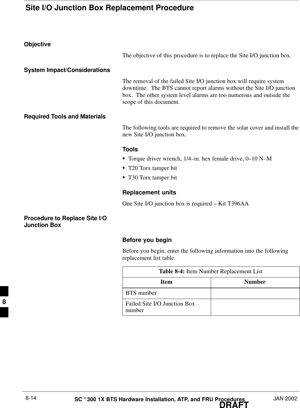 Site I/O Junction Box Replacement ProcedureDRAFTSCt300 1X BTS Hardware Installation, ATP, and FRU Procedures JAN 20028-14ObjectiveThe objective of this procedure is to replace the Site I/O junction box.System Impact/ConsiderationsThe removal of the failed Site I/O junction box will require systemdowntime.  The BTS cannot report alarms without the Site I/O junctionbox.  The other system level alarms are too numerous and outside thescope of this document.Required Tools and MaterialsThe following tools are required to remove the solar cover and install thenew Site I/O junction box.ToolsSTorque driver wrench, 1/4–in. hex female drive, 0–10 N–MST20 Torx tamper bitST30 Torx tamper bitReplacement unitsOne Site I/O junction box is required – Kit T396AAProcedure to Replace Site I/OJunction BoxBefore you beginBefore you begin, enter the following information into the followingreplacement list table.Table 8-4: Item Number Replacement ListItem NumberBTS numberFailed Site I/O Junction Boxnumber8