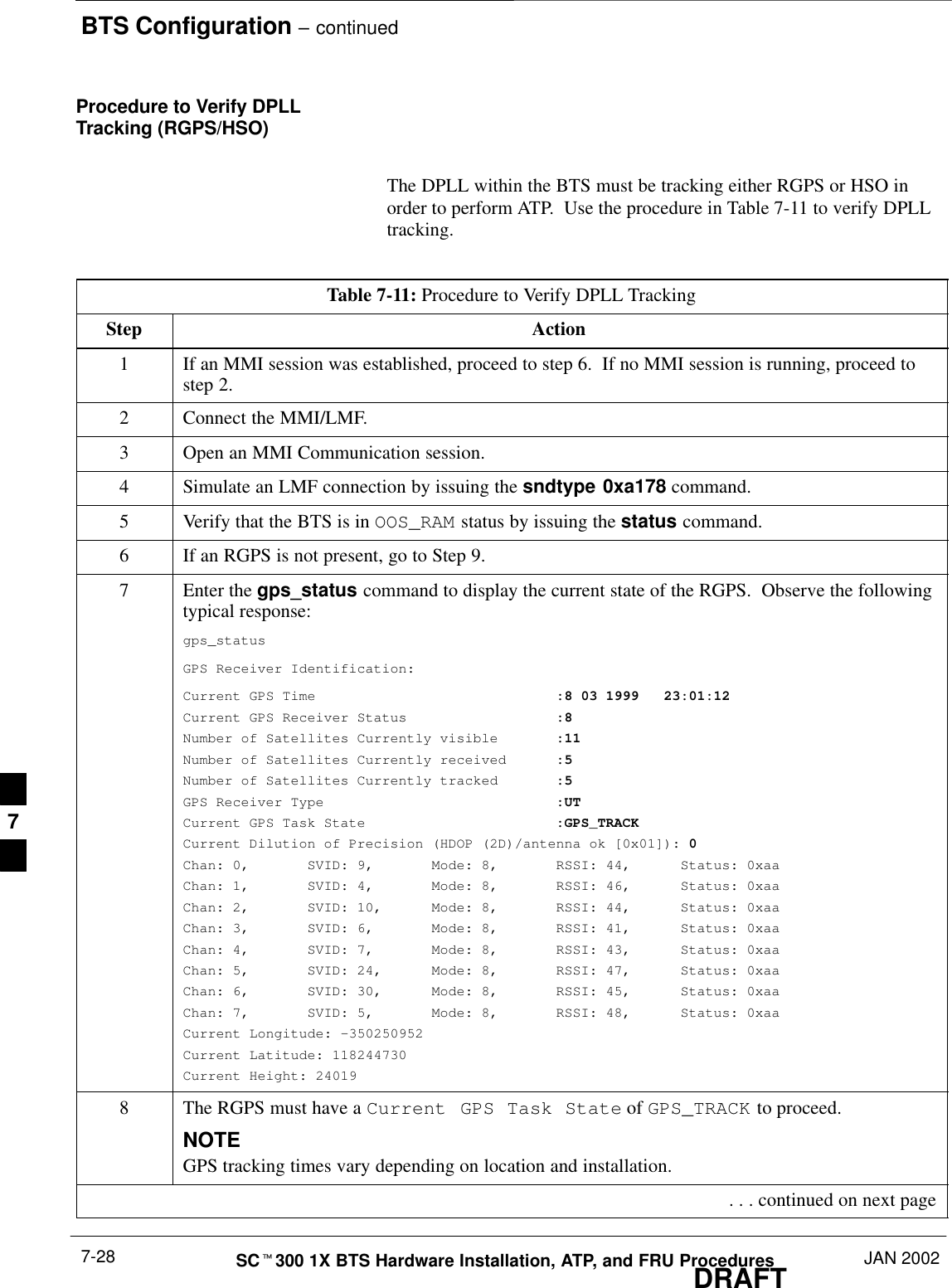 BTS Configuration – continuedDRAFTSCt300 1X BTS Hardware Installation, ATP, and FRU Procedures JAN 20027-28Procedure to Verify DPLLTracking (RGPS/HSO)The DPLL within the BTS must be tracking either RGPS or HSO inorder to perform ATP.  Use the procedure in Table 7-11 to verify DPLLtracking.Table 7-11: Procedure to Verify DPLL TrackingStep Action1If an MMI session was established, proceed to step 6.  If no MMI session is running, proceed tostep 2.2Connect the MMI/LMF.3Open an MMI Communication session.4Simulate an LMF connection by issuing the sndtype 0xa178 command.5Verify that the BTS is in OOS_RAM status by issuing the status command.6If an RGPS is not present, go to Step 9.7Enter the gps_status command to display the current state of the RGPS.  Observe the followingtypical response:gps_statusGPS Receiver Identification:Current GPS Time :8 03 1999   23:01:12Current GPS Receiver Status :8Number of Satellites Currently visible :11Number of Satellites Currently received :5Number of Satellites Currently tracked :5GPS Receiver Type :UTCurrent GPS Task State :GPS_TRACKCurrent Dilution of Precision (HDOP (2D)/antenna ok [0x01]): 0Chan: 0, SVID: 9, Mode: 8, RSSI: 44, Status: 0xaaChan: 1, SVID: 4, Mode: 8, RSSI: 46, Status: 0xaaChan: 2, SVID: 10, Mode: 8, RSSI: 44, Status: 0xaaChan: 3, SVID: 6, Mode: 8, RSSI: 41, Status: 0xaaChan: 4, SVID: 7, Mode: 8, RSSI: 43, Status: 0xaaChan: 5, SVID: 24, Mode: 8, RSSI: 47, Status: 0xaaChan: 6, SVID: 30, Mode: 8, RSSI: 45, Status: 0xaaChan: 7, SVID: 5, Mode: 8, RSSI: 48, Status: 0xaaCurrent Longitude: –350250952Current Latitude: 118244730Current Height: 240198The RGPS must have a Current GPS Task State of GPS_TRACK to proceed.NOTEGPS tracking times vary depending on location and installation. . . . continued on next page7