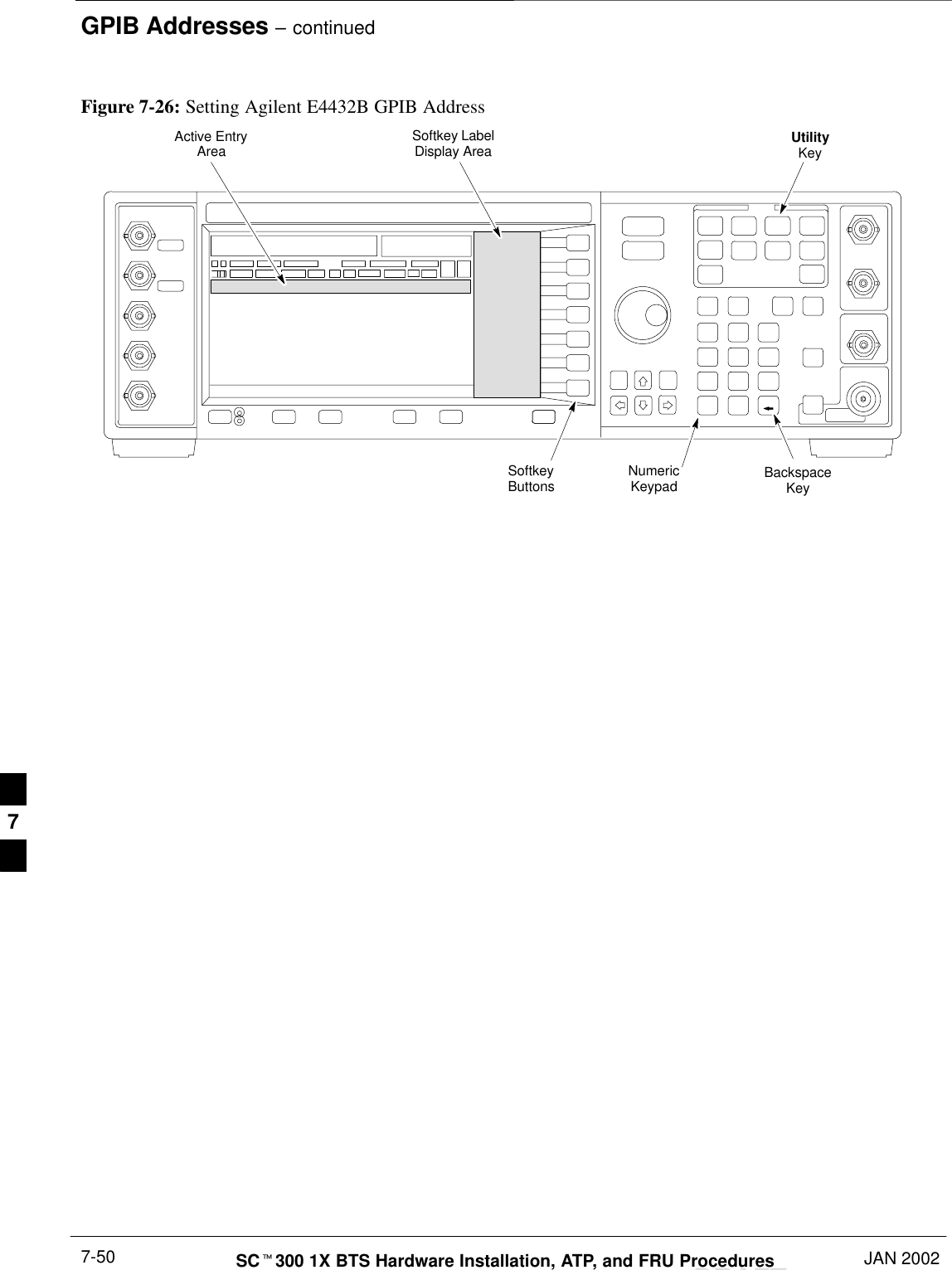 GPIB Addresses – continuedDRAFTSCt300 1X BTS Hardware Installation, ATP, and FRU Procedures JAN 20027-50Figure 7-26: Setting Agilent E4432B GPIB AddressNumericKeypadSoftkeyButtonsSoftkey LabelDisplay AreaActive EntryAreaBackspaceKeyUtilityKey7